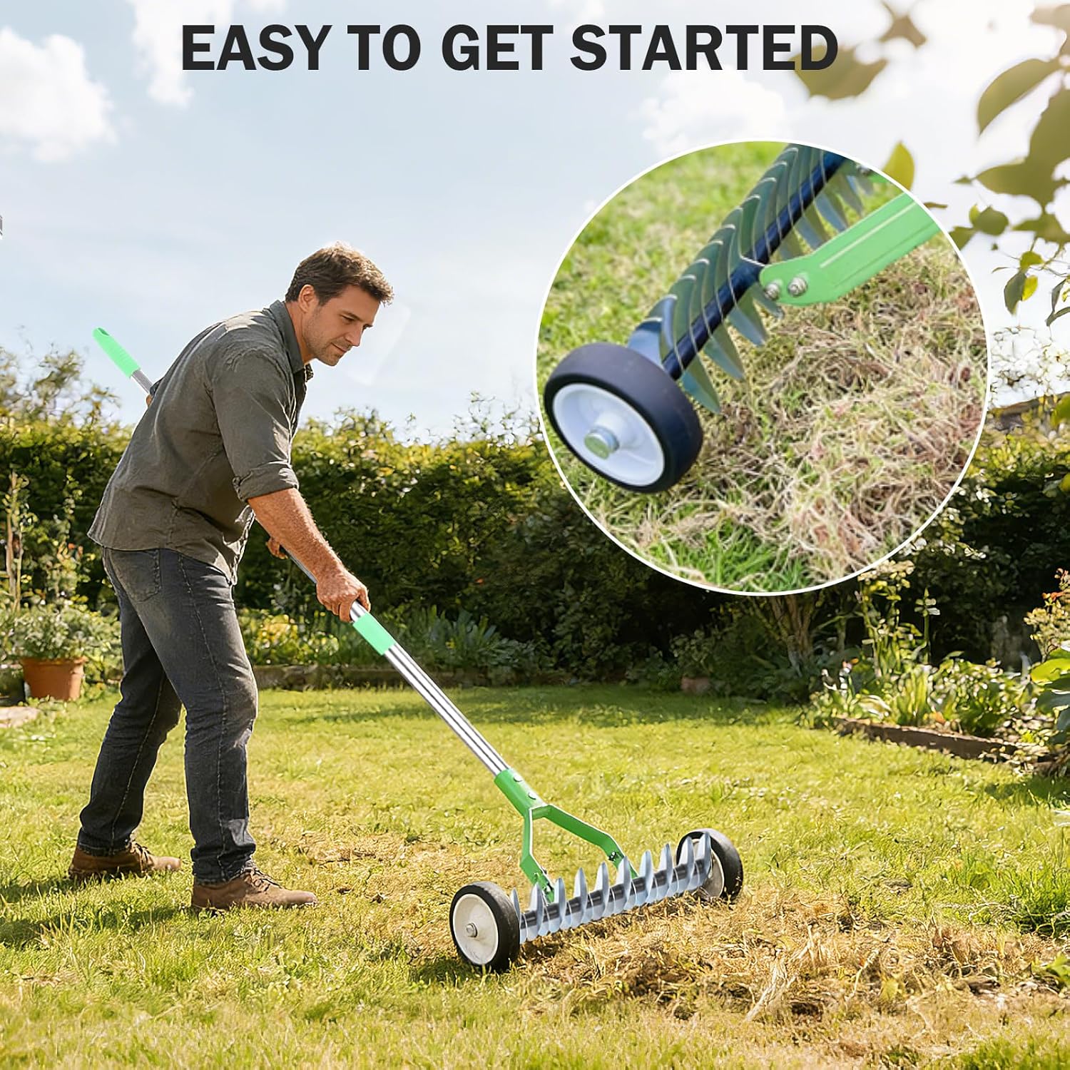 Adjustable Lawn Thatch Rake with Wheels - Comes with Protective Gardening Gloves - Ergonomic Dethatcher Rake for Lawn Care - Heavy Duty Carbon Steel Rust Resistant
