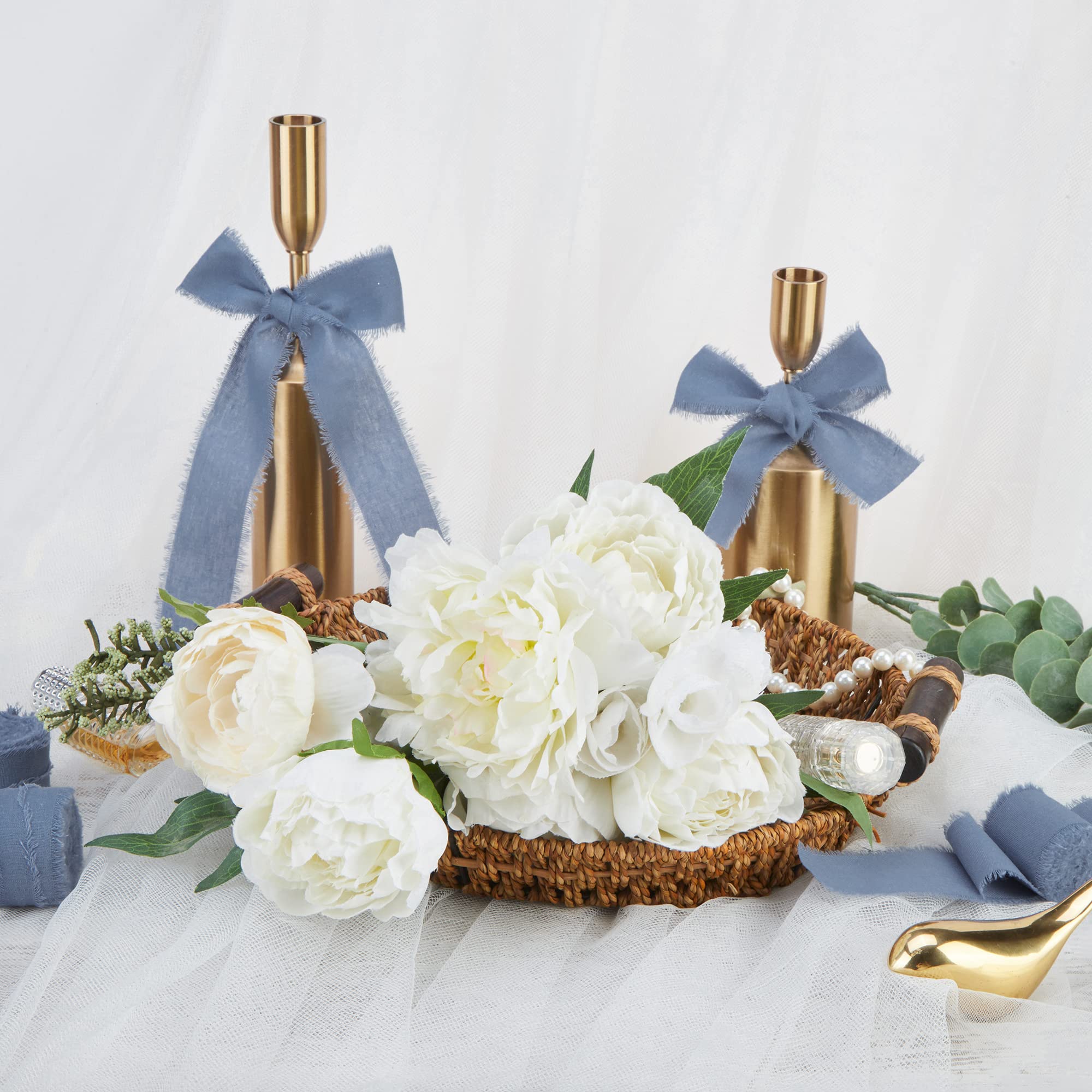 Keypan Cinta azul polvoriento para envolver regalos, cintas de flecos hechas a mano para manualidades, ramos de novia, invitaciones de boda, decoraciones de algodón, 3 rollos de 1.6 pulgadas x 5