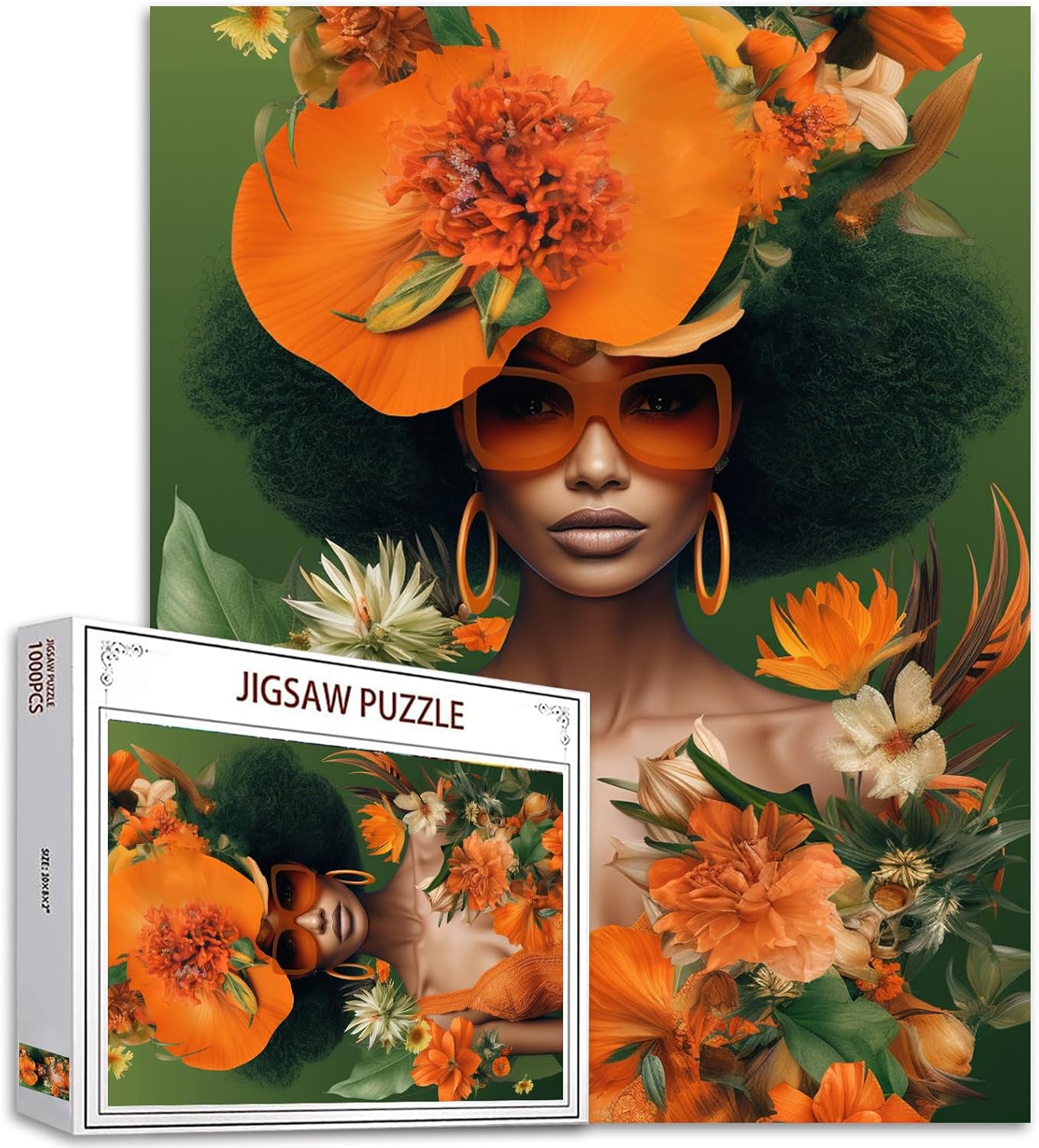1000 Piece Jigsaw Puzzles for Adults Sexy Africa Woman Painting Jigsaw Puzzle Fashion Girl Wearing Cool Sunglass 1000 Pieces Puzzles Game Fashion Female Model Decor DIY Craft Flower Puzzle Art(Orange) 19.7''Wx27.6'H Artwork-21