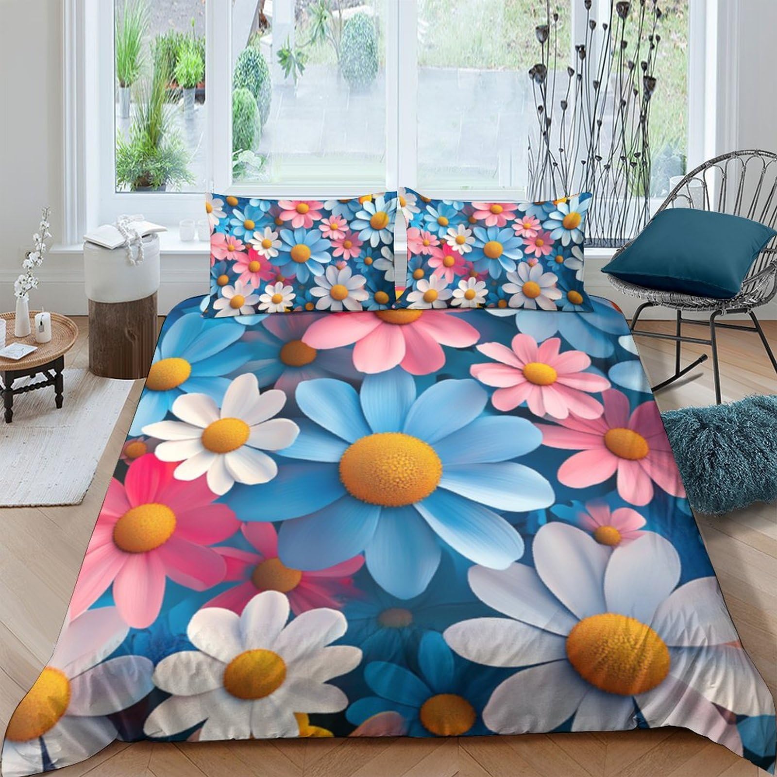 Ctjqhvkz Style-9 3D Printed Colorful Daisy Fitted Sheet Microfiber Soft Bedroom Flower Bed Cover Dorm Mattress Protection Decor Single（135X200cm）