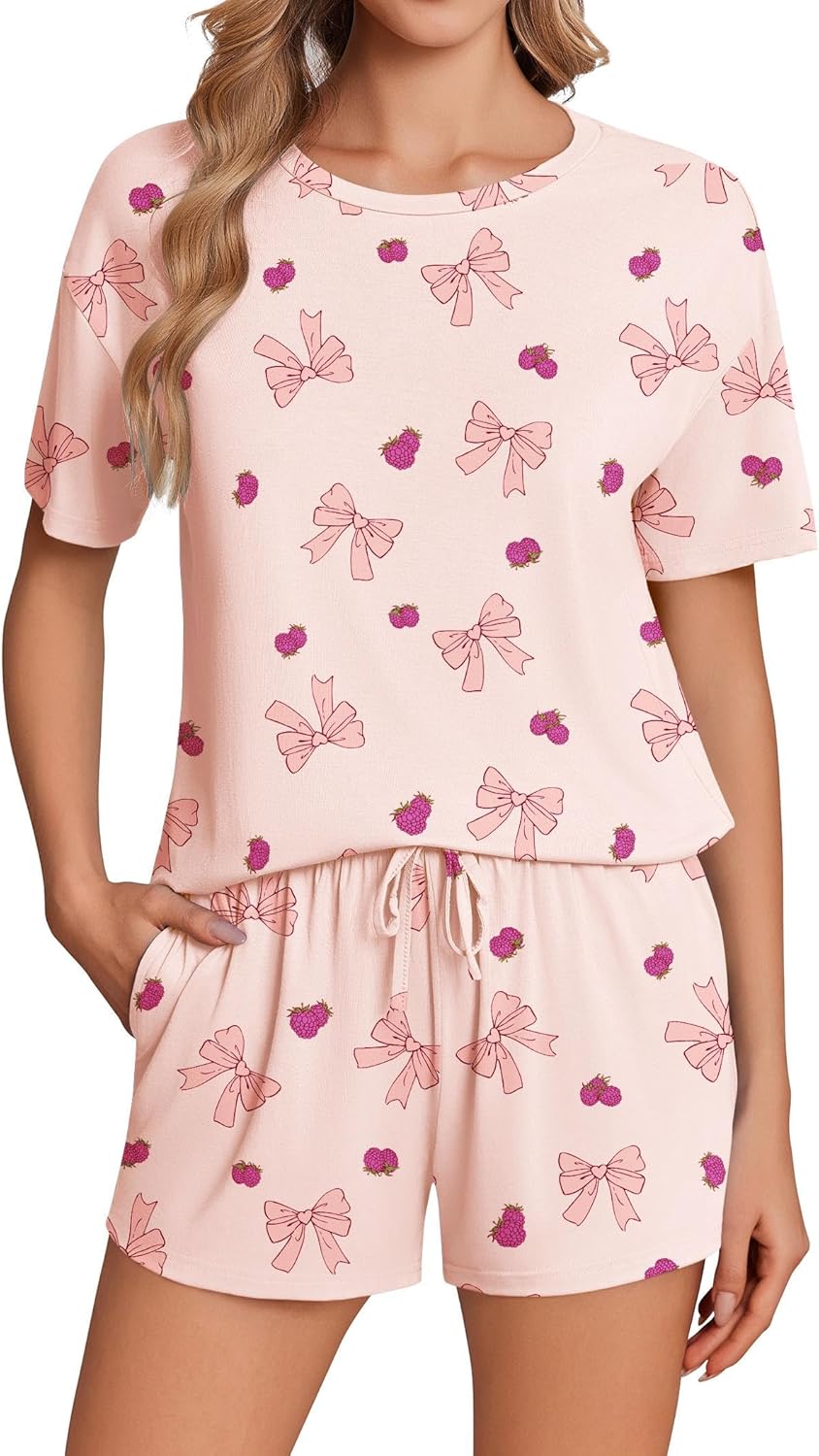 Ekouaer Pajama Set for Women Viscose from Bamboo Short Sleeve Tops and Shorts Set 2 Piece Lounge Set