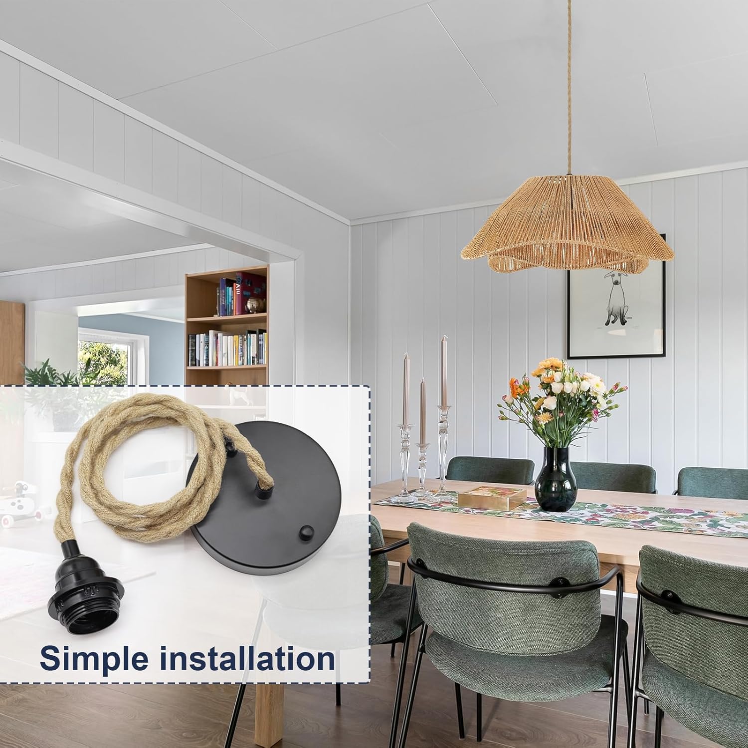 Hemp Rope Pendant Light Kit, Boho Pendant Light Fixture UL Lamp Holder E26 Lamp Socket, Vintage Ceiling Lights Adjustable Hanging Lights Kit for Kitchen Farmhouse