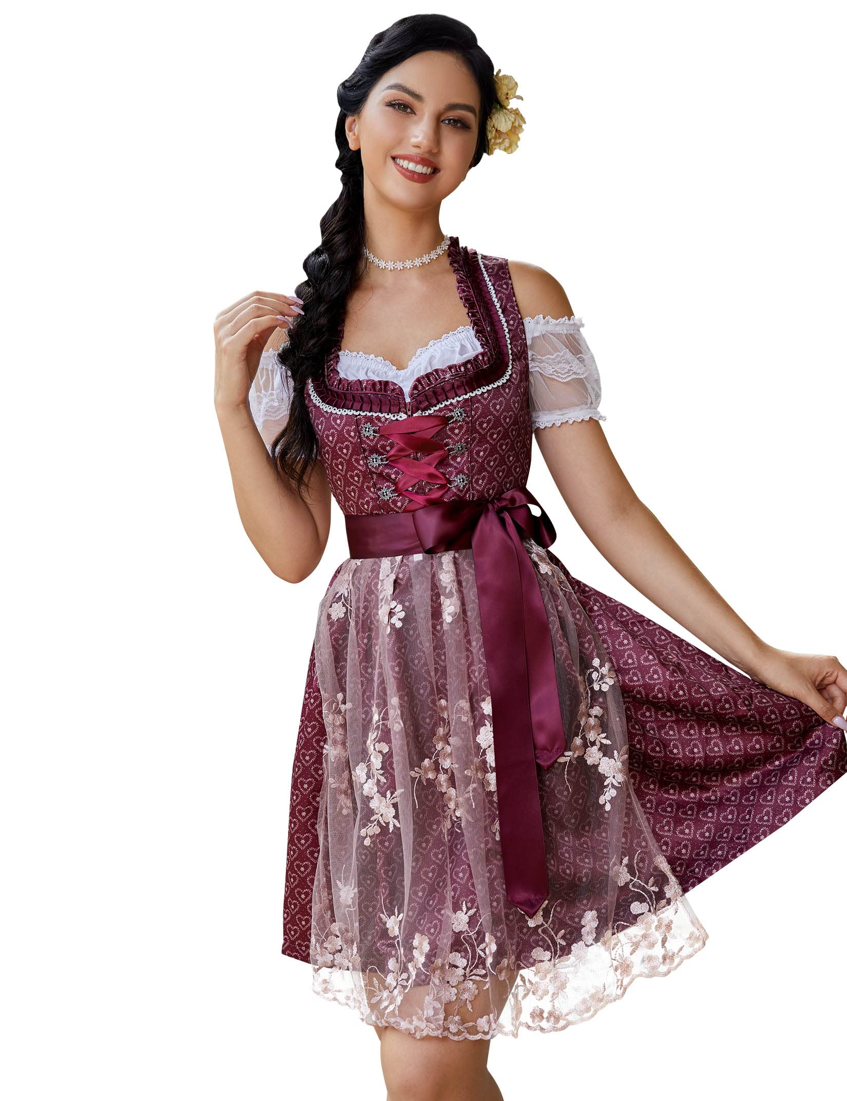 KOJOOIN Abito Donna Dirndl Bavaria Oktoberfest Set 3 Pezzi Camicia e Grembiule Dirndl Manica Corta Grembiule Bavarese Oktoberfest Cameriera Abiti da Festa