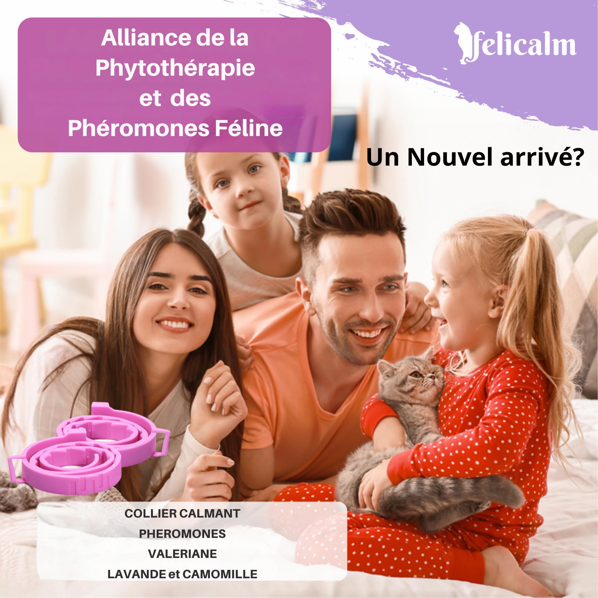 Félicalm Paris/Colliers à la VALERIANE+ PHEROMONE/Anti-Stress pour Chat et Chaton/PHEROMONE féline+ VALERIANE +Camomille+Lavande/ 2 Colliers Actifs 60 Jours
