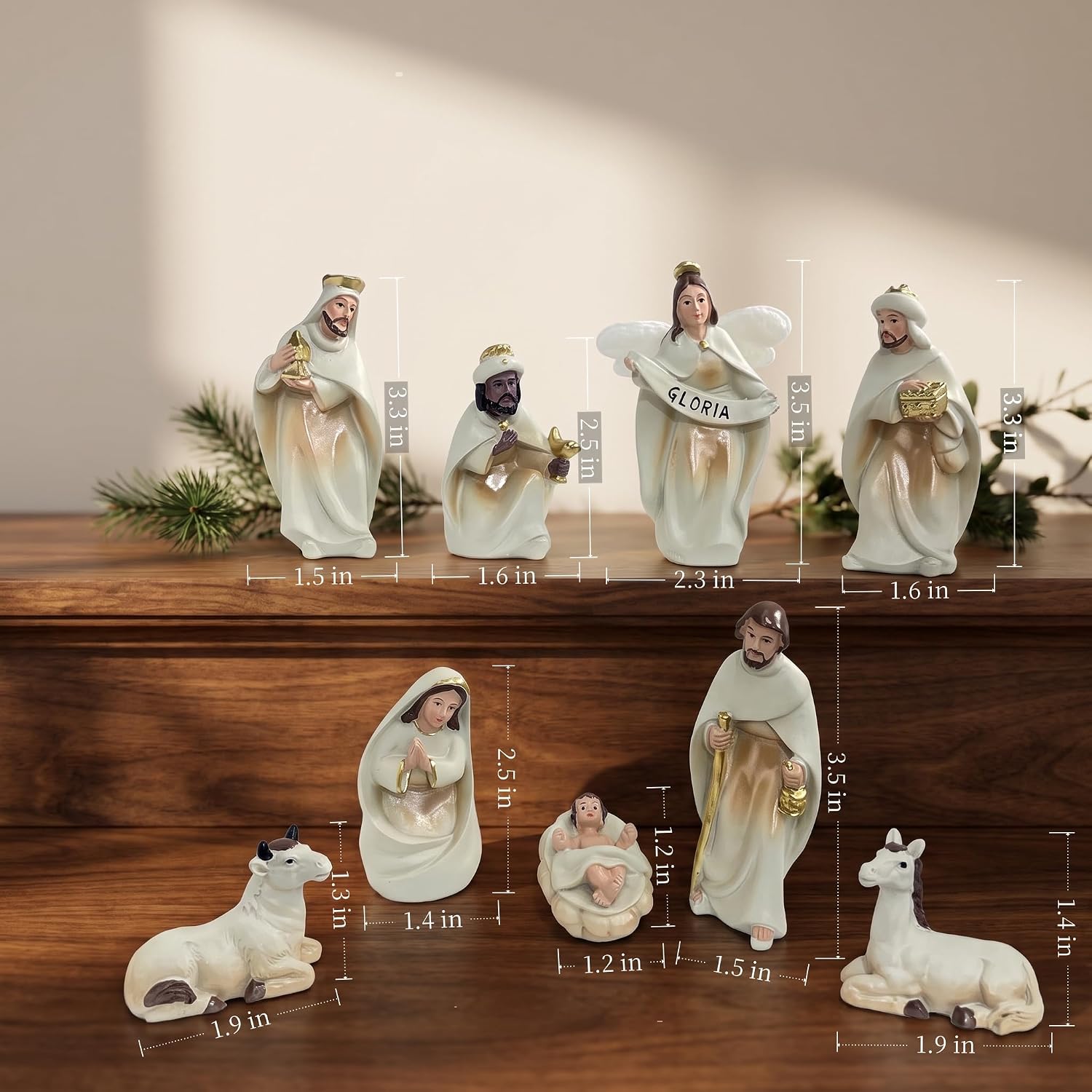 Nativity Scene Figurines Set, 9-Piece Gray Gold Resin Christmas Holy Family