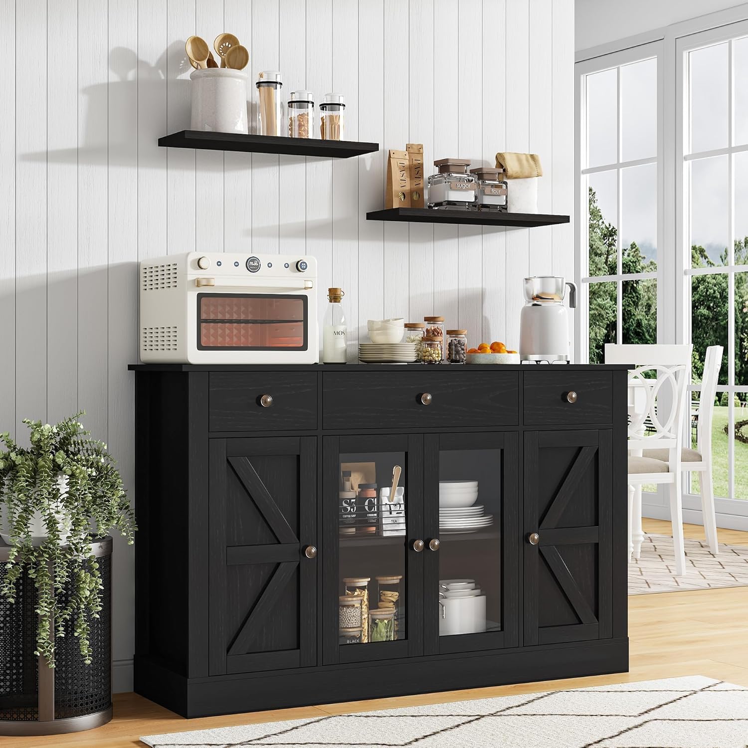 4 EVER WINNER 55" Large Coffee Bar Cabinet with 4 Doors and 3 Drawers, Farmhouse Coffee Bar with Plexiglass Doors, Buffet Cabinet with Storage & Adjustable Shelves for Kitchen, Dining Room, Black