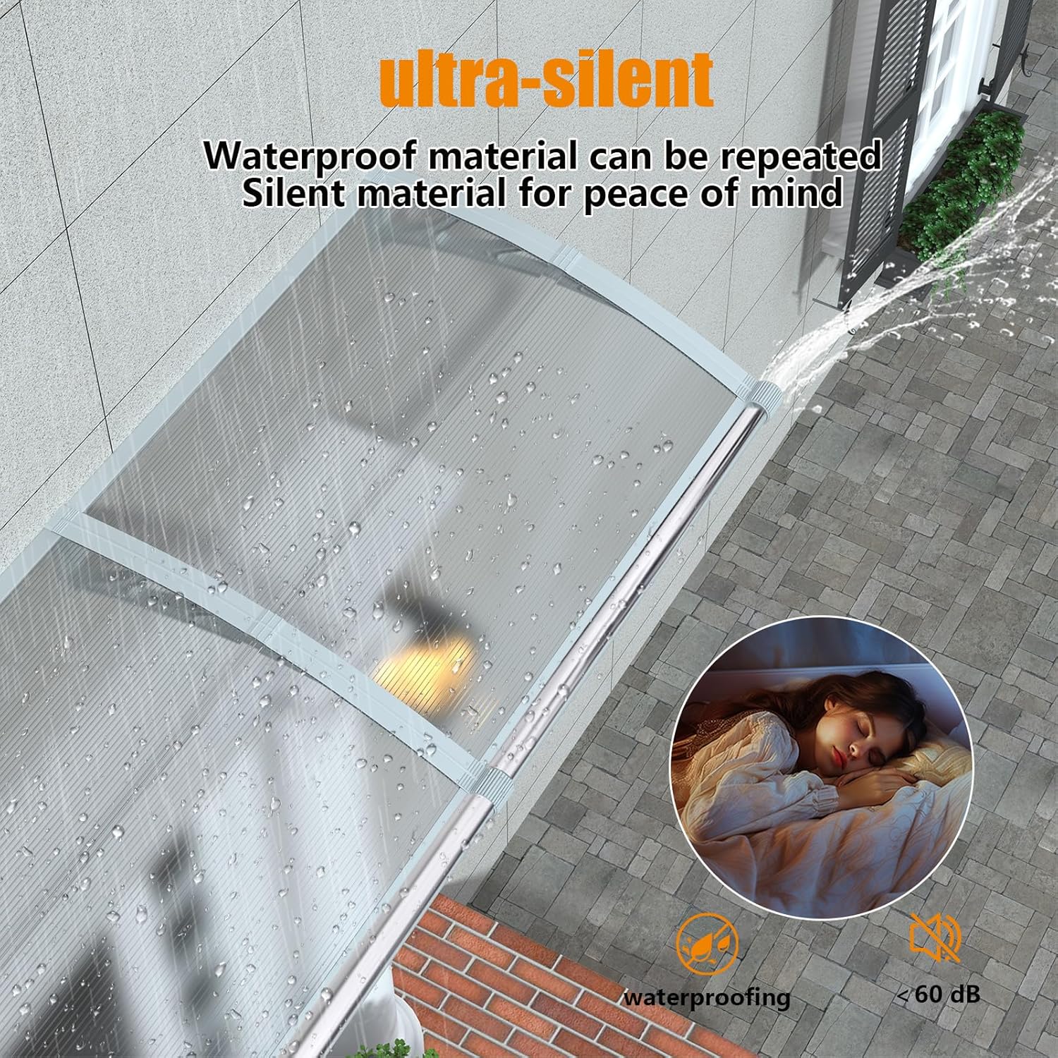 Window Awning Door Canopy 40"x48", Awnings for Doors Polycarbonate Cover Patio Door Awning UV Rain Snow Sunlight Protection Hollow Sheet with Separate Drainage Sink, Gray Bracket & Transparent Board