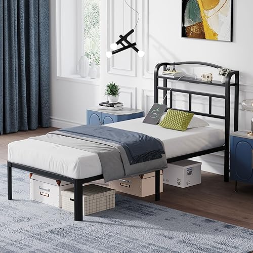 Miniatura 9 de Base de cama de metal de 14 pulgadas, base de colchón básica de plataforma resistente de color negro con cabecera y estación de carga, no necesita