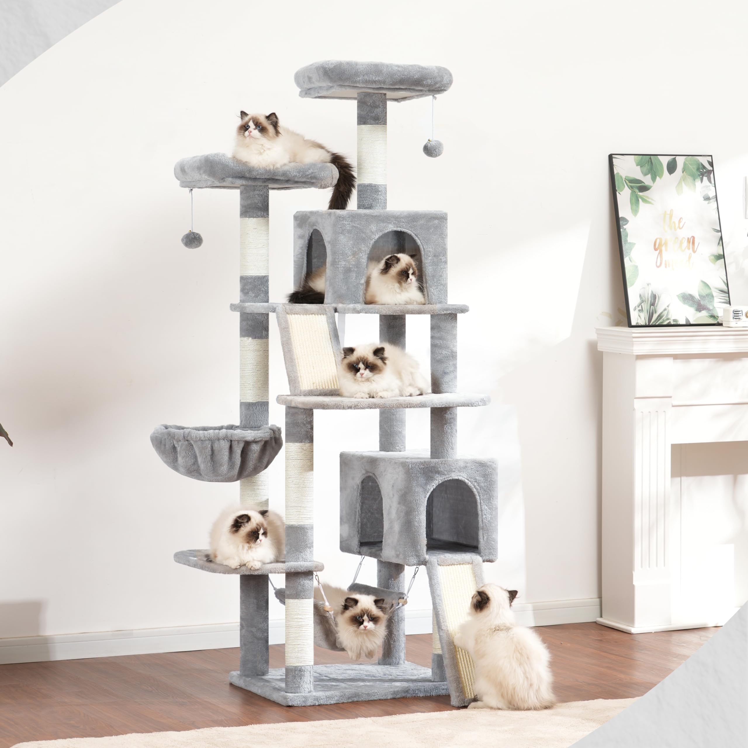Gitelsnour Arbre à Chat, Tour de Jeux pour Chats de 180cm, Tour à Chat Interieur avec 2 griffoirs, 7 poteaux à griffer, 2 perchoirs, 2 Lits pour Chat en Peluche, hamac, Gris Clair GCT032W