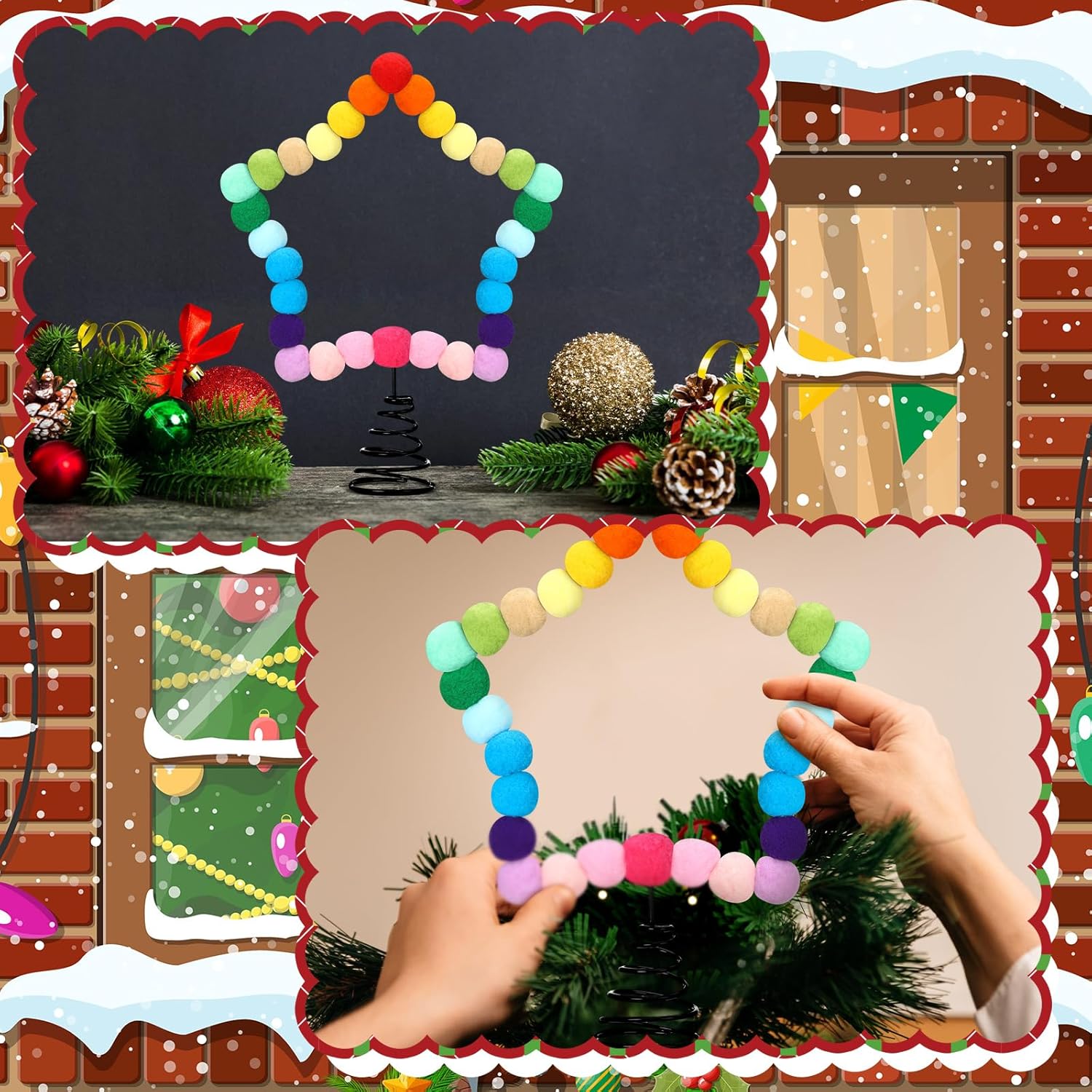 RoundFunny Rainbow Felt Ball Star Christmas Tree Topper Colorful Pom Pom Felt Ball Xmas Tree Topper Colorful Five Pointed Star Xmas Ornaments for Decoration(8.3 x 7.1 Inch)