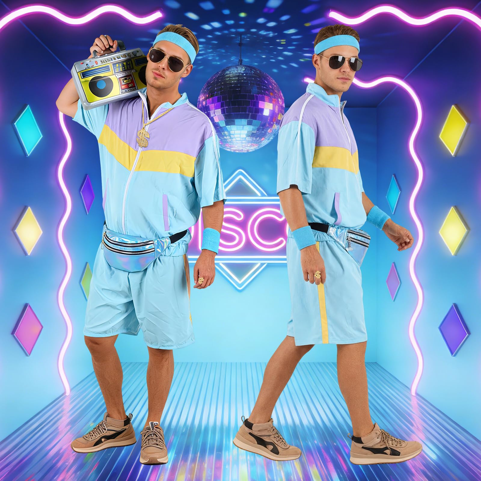 Strój damski i męski na lato w stylu lat 80., krótki kostium z kieszenią na brzuch, nadmuchiwany boombox i akcesoriami – strój do biegania w stylu lat 80., na festiwal, karnawał, imprezę tematyczną