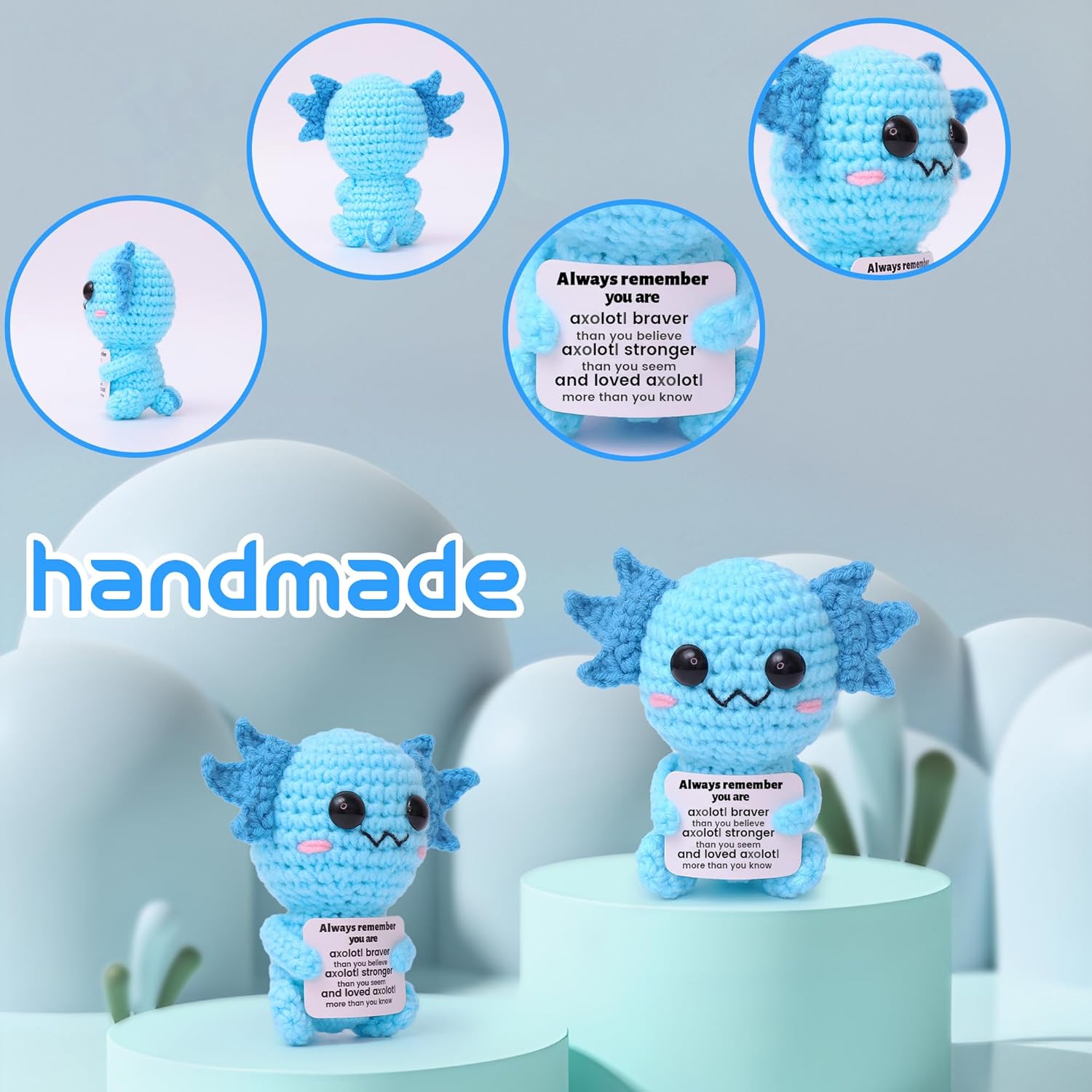 Mini Funny Positive Blue Axolotl Gifts, Knitted Wool Axolotl Toy with Positive Card - Creative Cute Crochet Doll Cheer Up Keepsake Gift for Friends, Women, Student, Christmas - Image 3