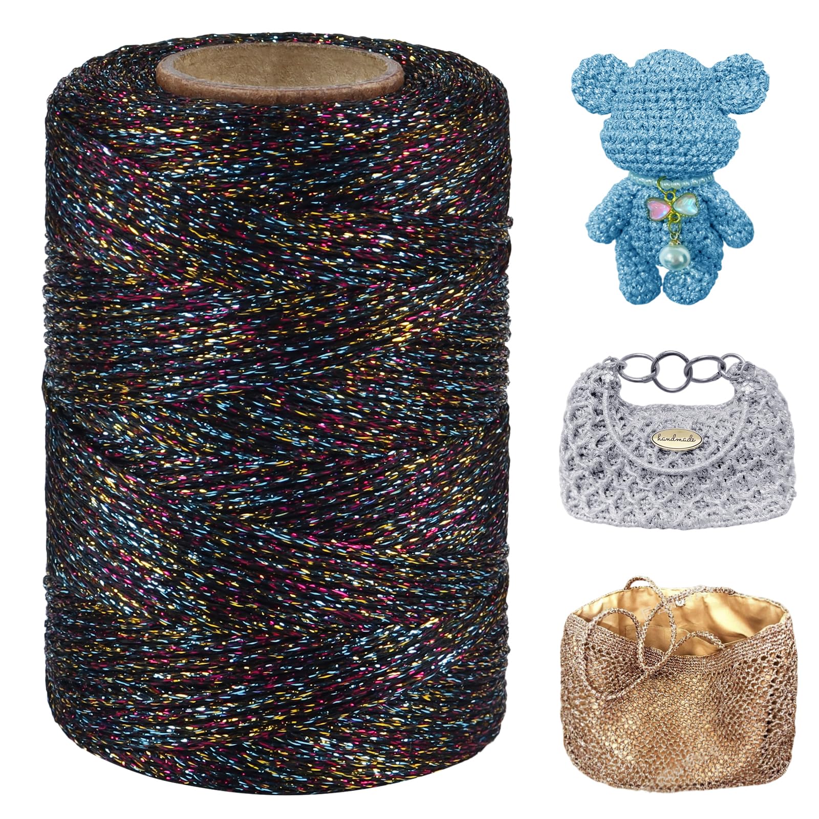 LEREATI Metallic Glitter Yarn 3mm x 109 Yards Polyester Macrame Cord Sparkle Crochet Yarn for Crocheting and Knitting Handbag, Hat, Basket, DIY Crafts (Colorful Black)
