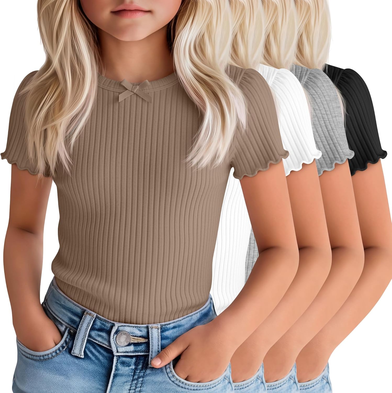 4 Pack Girls' Puff Short Sleeve T-Shirts 5-14 Years Cotton Ribbed Crew Neck Tops Fitted Lettuce Trim Bow Tie Tees