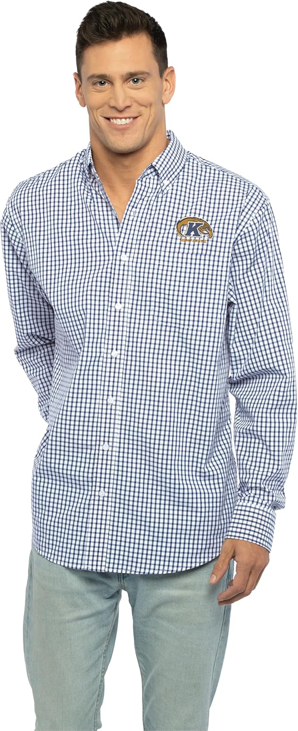 Vantage Apparel Men's Collegiate Easy-Care Long Sleeve Gingham Check Button Down Shirt, Kent State Golden Flashes, Large
