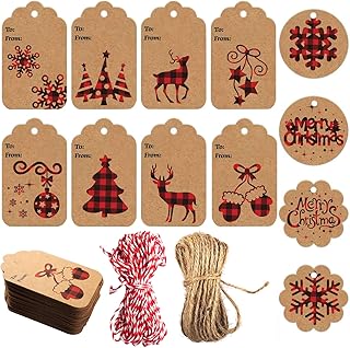 100 Pcs Christmas Gift Tags, Christmas Kraft Paper Tags Xmas Tree Gift Tags with 2 Rolls 32 Feet String, Xmas Craft Hang Tags for Christmas Decoration and Wrapping(10 Styles)