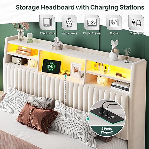 Miniatura 3 de Base de cama tamaño Queen, marco de cama de terciopelo con estación de carga y luces LED, cabecera capitonada de canal vertical con estantes de