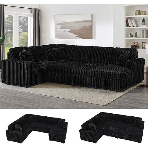 122'' Convertible U-Shaped Faux Rabbit Fur Plush Sectional Sleeper Sofa, Upholstered Cloud Couch Pull-Out Sofa Bed with Storage Chaise and USB Ports for Living Room (Black, 122'' x 95.6'')