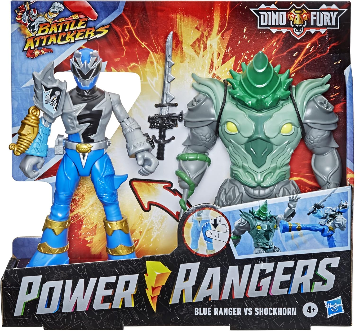 Power Rangers Dino Fury Battle Attackers 2-Pack Blue Ranger vs. Shockhorn Kicking Action Figure Toys with Accessory Inspired by TV Show Ages 4 and Up
