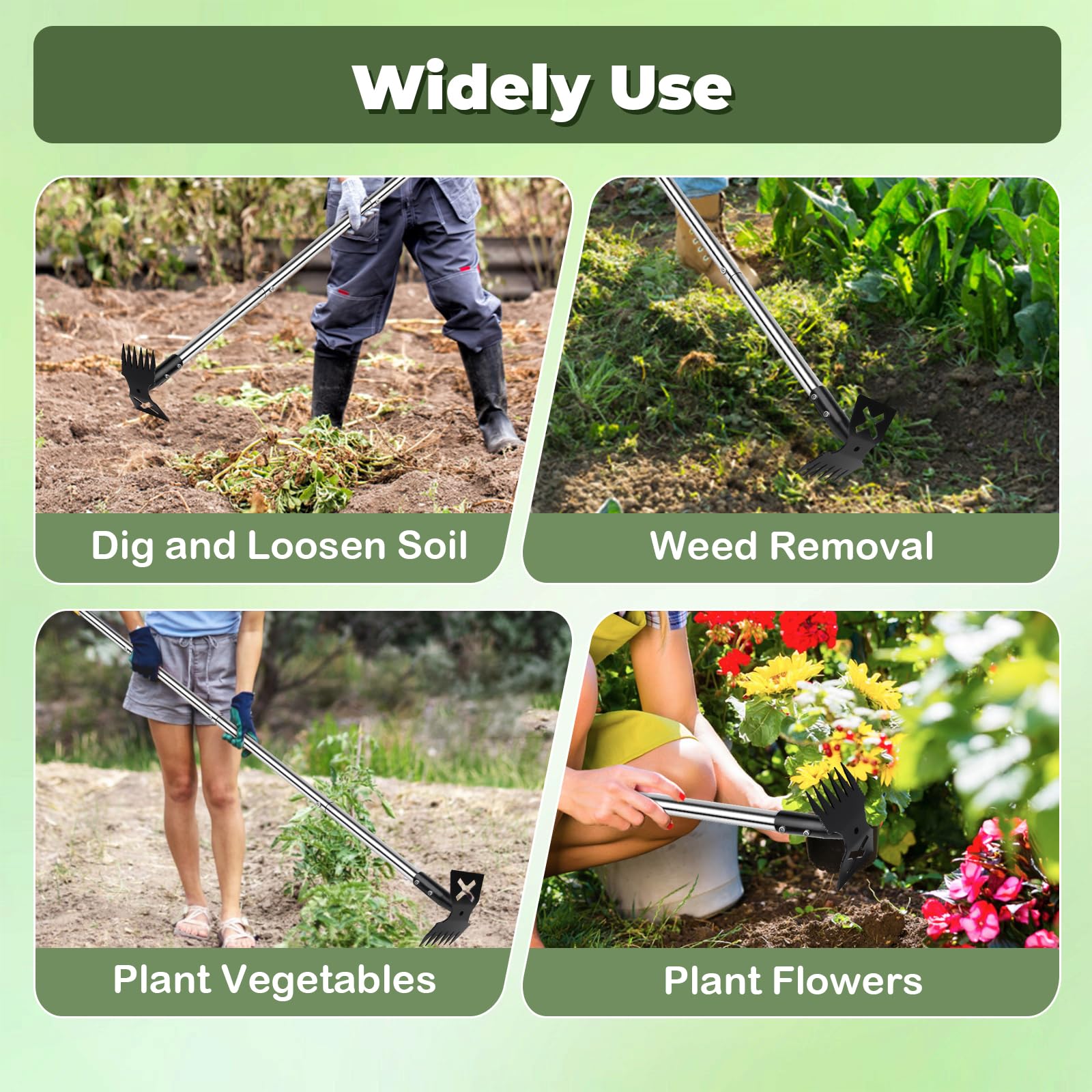 NICOFPHY Herramienta extractora de malezas con mango largo, herramientas manuales de 60 pulgadas para jardinería, rastrillo de malezas de mano 2 en 1 y herramienta de desbrozador de jardín