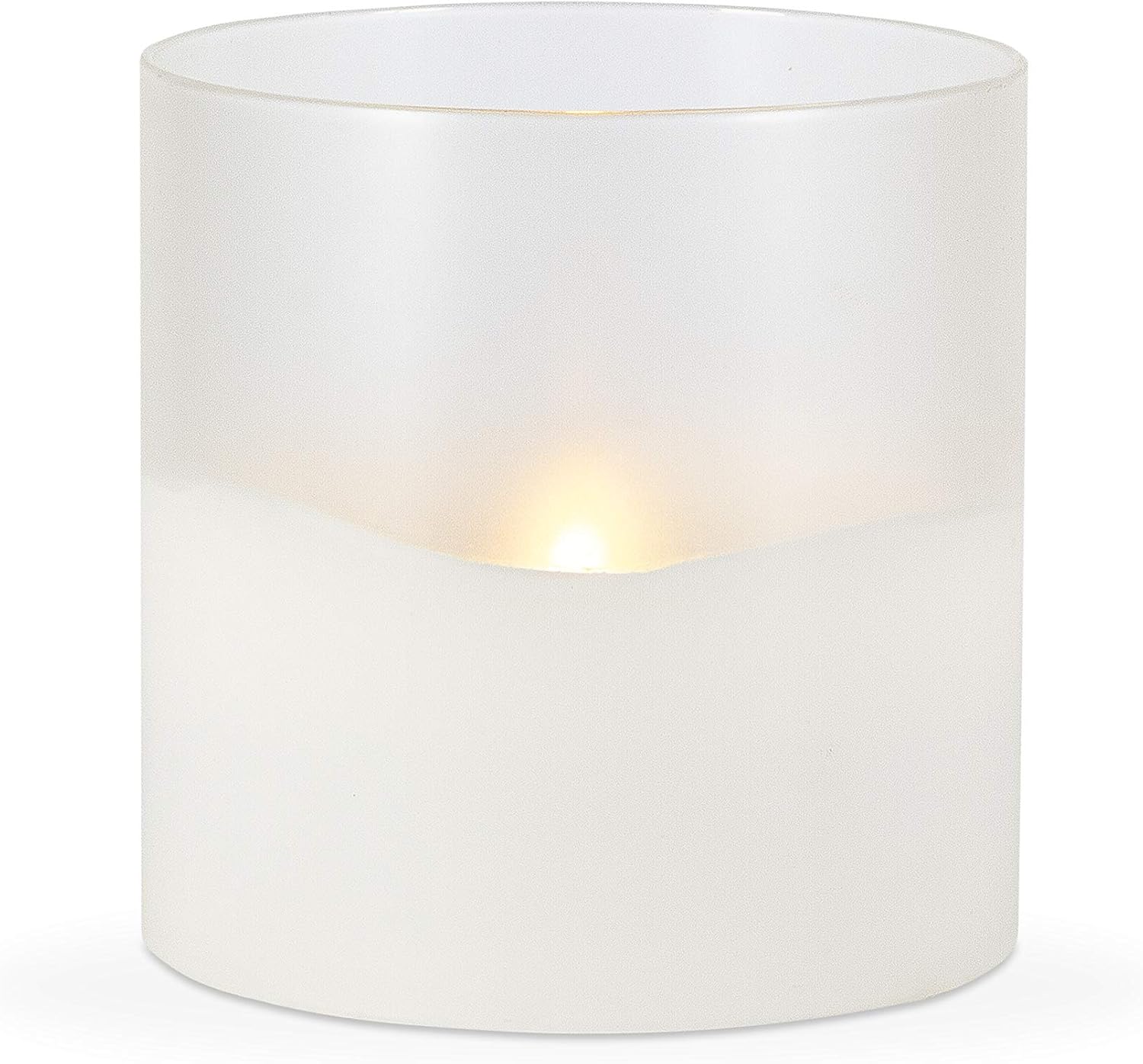 LED 6"D X 6"H Hand-Poured Wax Candle In Frosted Glass. Next Gen LED Flame Patented Technology w/ Adjustable Brightness Control. 2 C Batteries (Not Included). Multi Timer Function 4, 6 & 8 hour.
