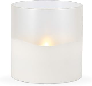 LED 6"D X 6"H Hand-Poured Wax Candle In Frosted Glass. Next Gen LED Flame Patented Technology w/ Adjustable Brightness Control. 2 C Batteries (Not Included). Multi Timer Function 4, 6 & 8 hour.