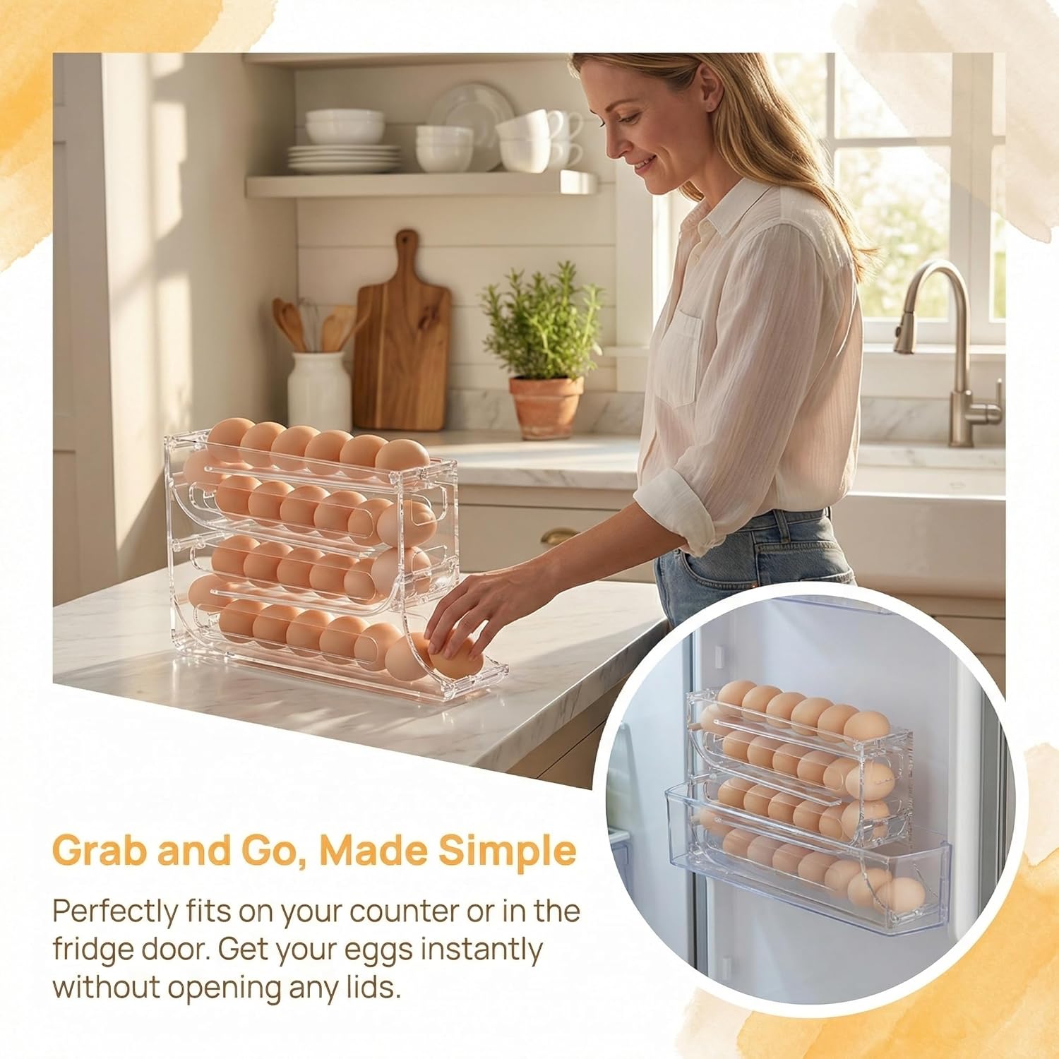 Refrigerator Egg Trays,Automatic Rolling Egg Holder Organizer for Refrigerator Slide Design Egg Dispenser, Food Grade Material, Large Capacity Storage 32 Count (Clear)