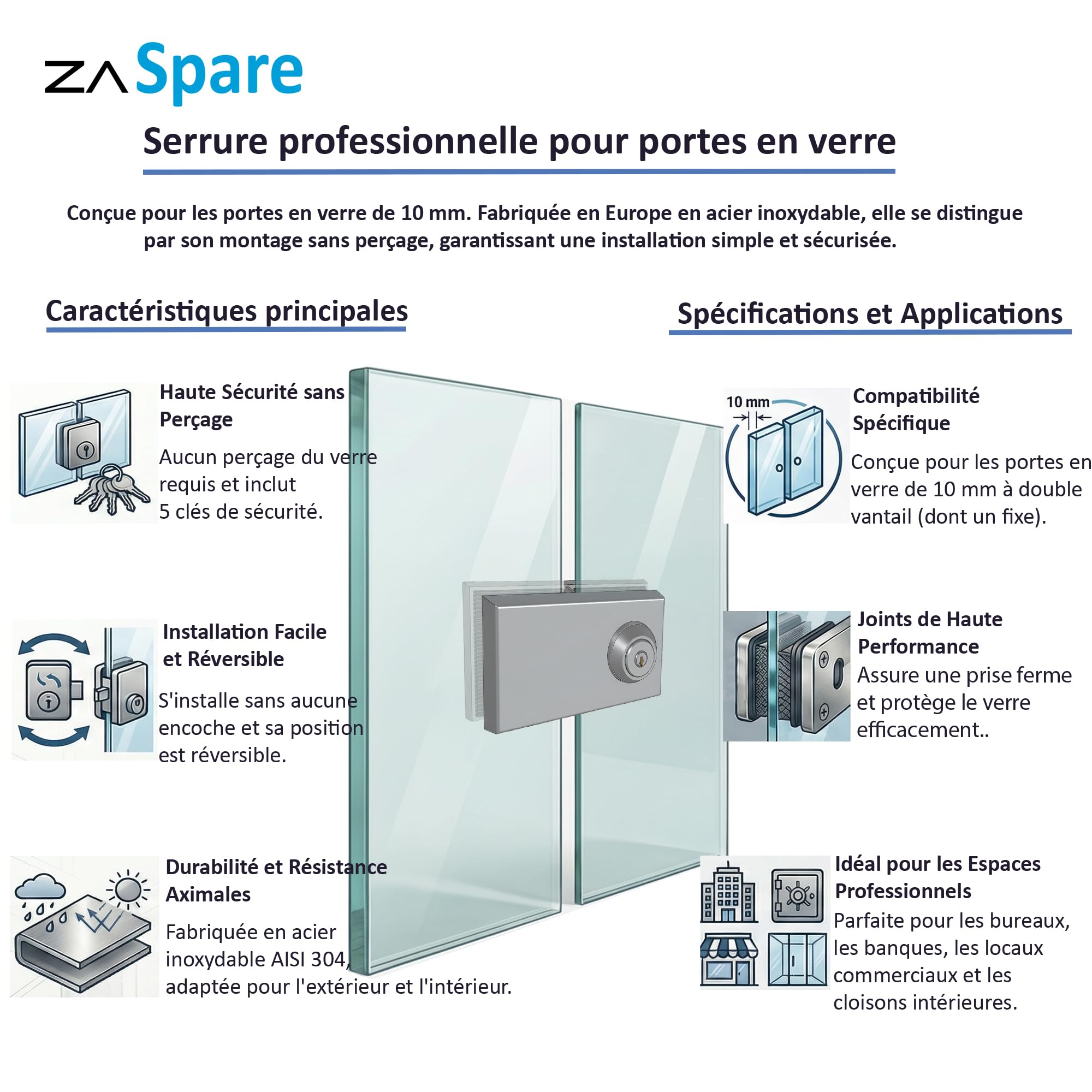 Serrure pour Porte en Verre sans Perçage en Acier Inoxydable AISI 304, Haute Sécurité avec 5 Clés, Idéale pour Bureaux et Locaux Professionnels, Compatible avec Portes en Verre de 10 mm.