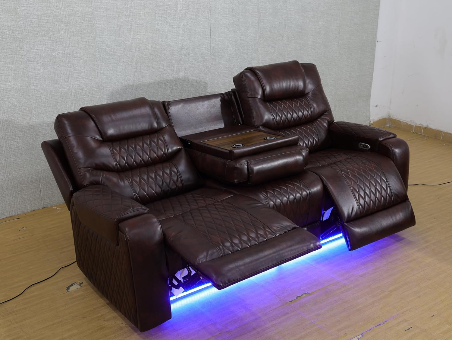 Power Reclining Sofa Set with LED Lights, Leather Recliner Couch Set with USB Ports, Cup Holders & Armrest Storage, Modern Breathable Living Room Furniture (3 Piece, Brown)