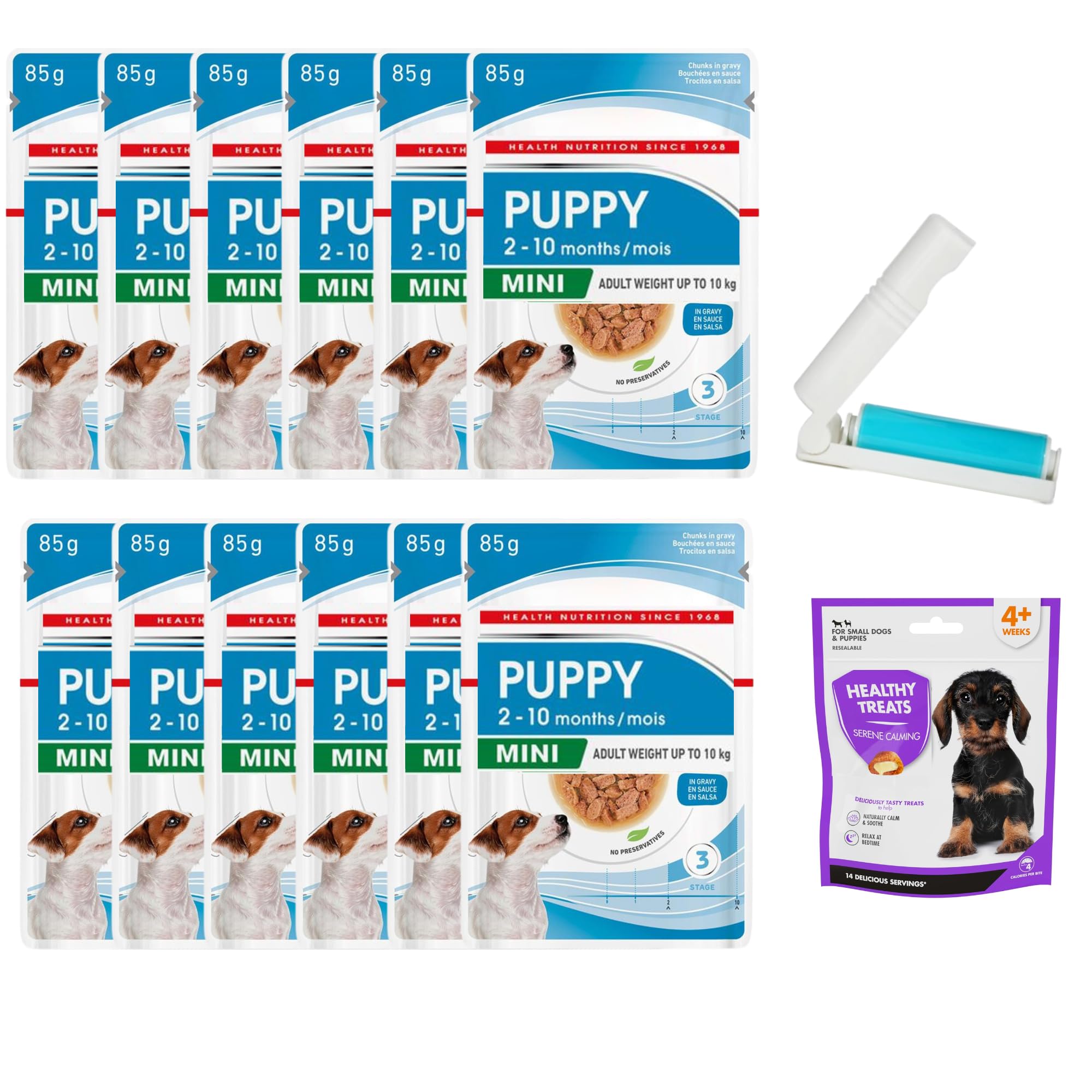 Wet Dog Food Bundle with Mini Puppy in Gravy 12x85 gram and Healthy Calming Treats 1x50 gram plus UbiPet Lint Roller