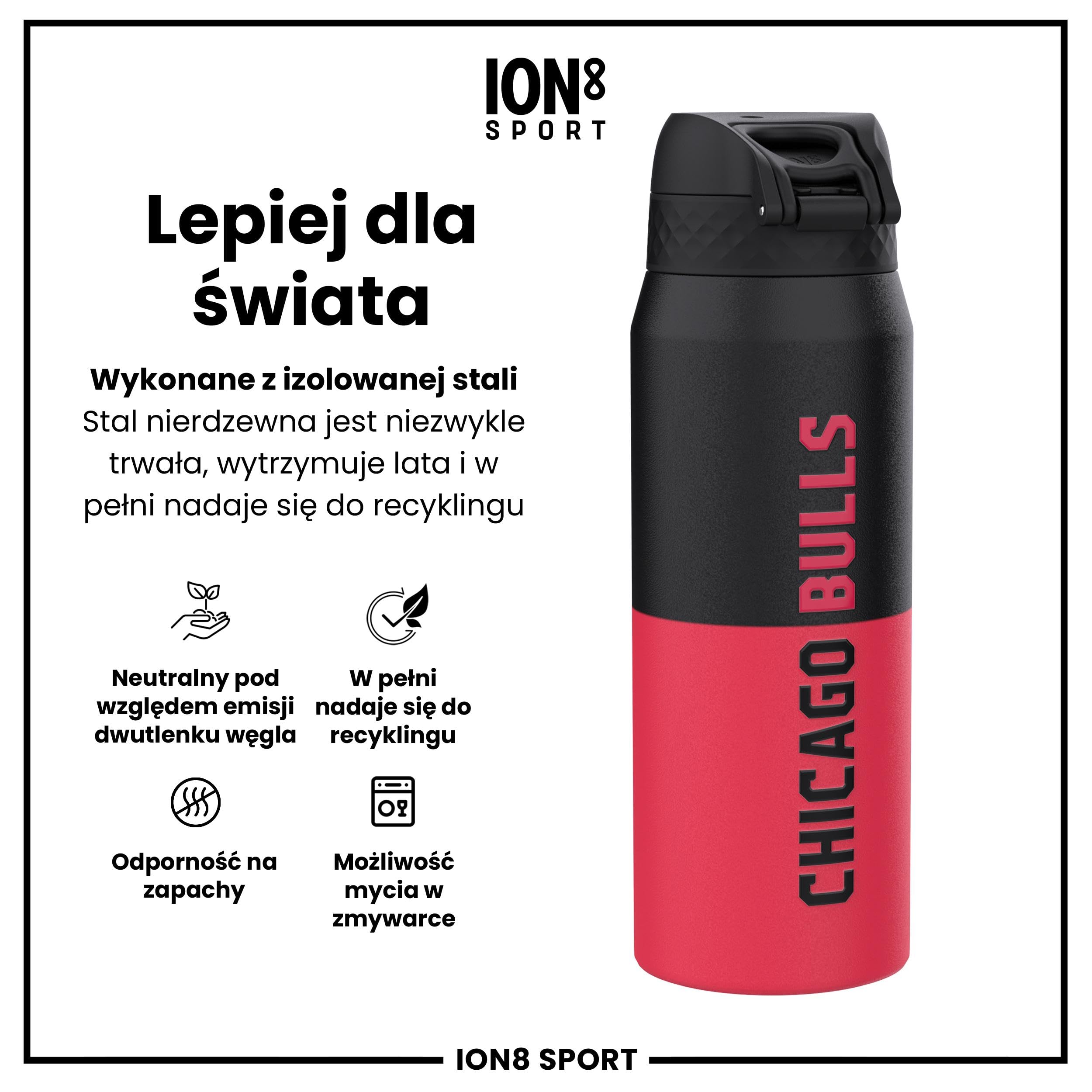 NBA Chicago Bulls Termiczna Butelka Sportowa Ze Zdejmowaną Słomką, 750ml/24oz, Szczelna, Izolowana Próżniowo, Łatwa Do Otwarcia, Bezpieczne Zamknięcie, Można Myć W Zmywarce, Składana Pokrywka