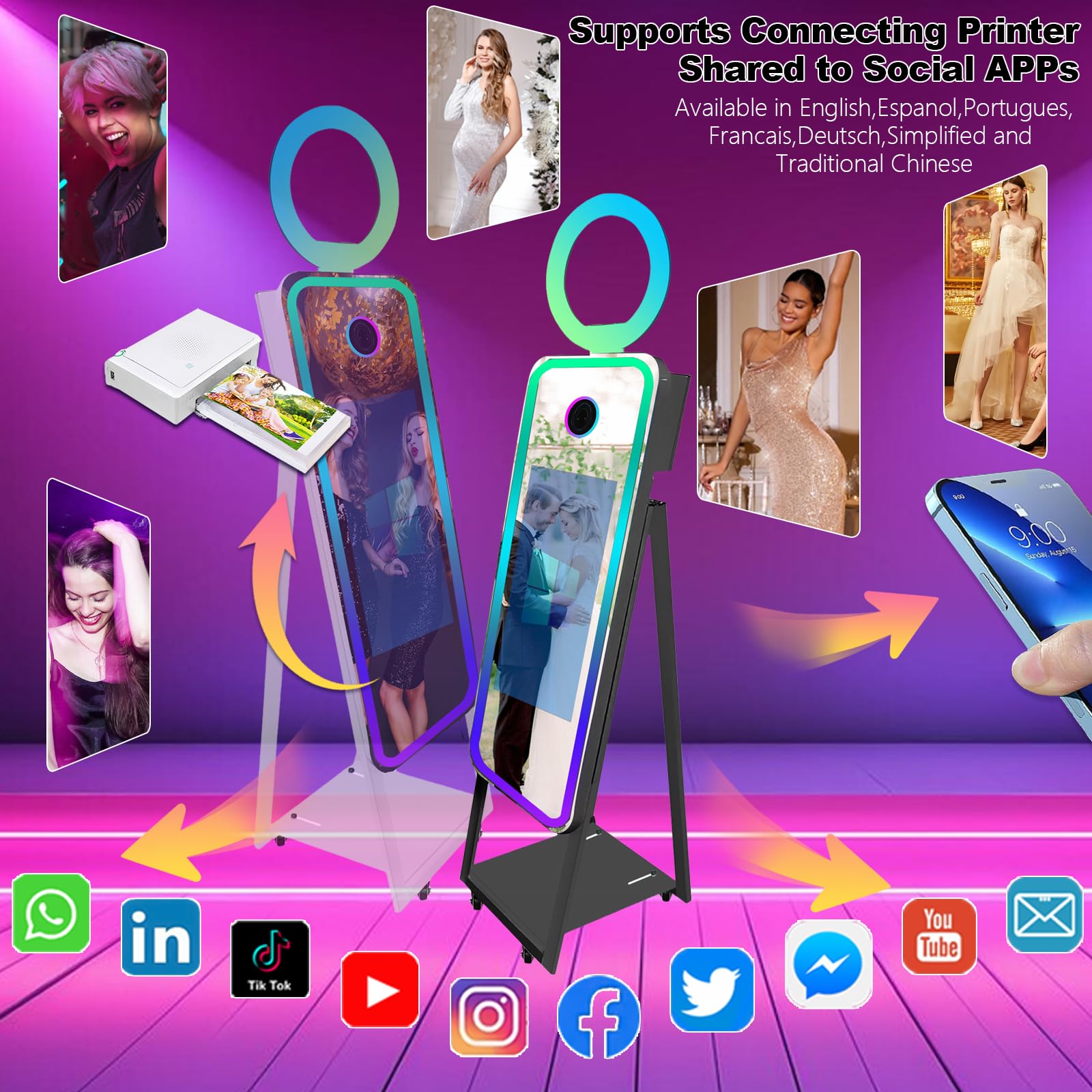 Magic Mirror - Cabina de fotos de 40 pulgadas, portátil con marco LED, mini espejo selfie integrado para eventos (negro)
