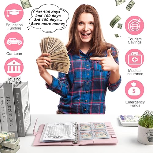 Miniatura 5 de Carpeta de desafío de 100 sobres, carpeta de presupuesto A5 para ahorrar dinero con sobres de efectivo, libro de desafíos de ahorro para ahorrar