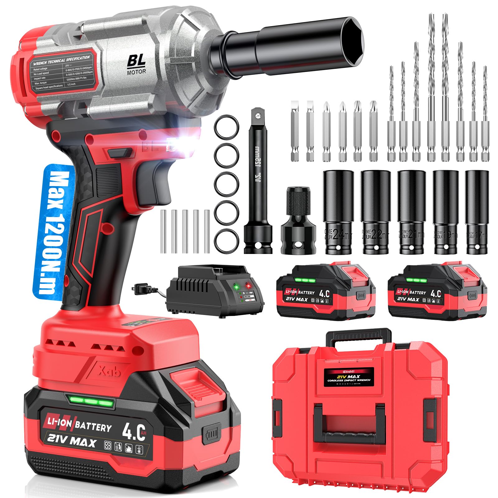 XIAZIR Llave de impacto a bateria 1200 N·m 3-en-1 / Atornillador de Impacto/Taladro de Impacto – Alto Par 1/2" con Motor Brushless, 2× Baterías 4.0Ah, Vasos, Brocas y Puntas