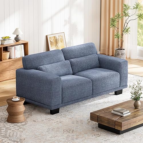Marsail Modern 65 Inch Linen Fabric Sofa, 2-Seater Couch with Wide Armrests, Deep Cushions & Removable Washable Covers, Comfortable Living Room Furniture, Blue
