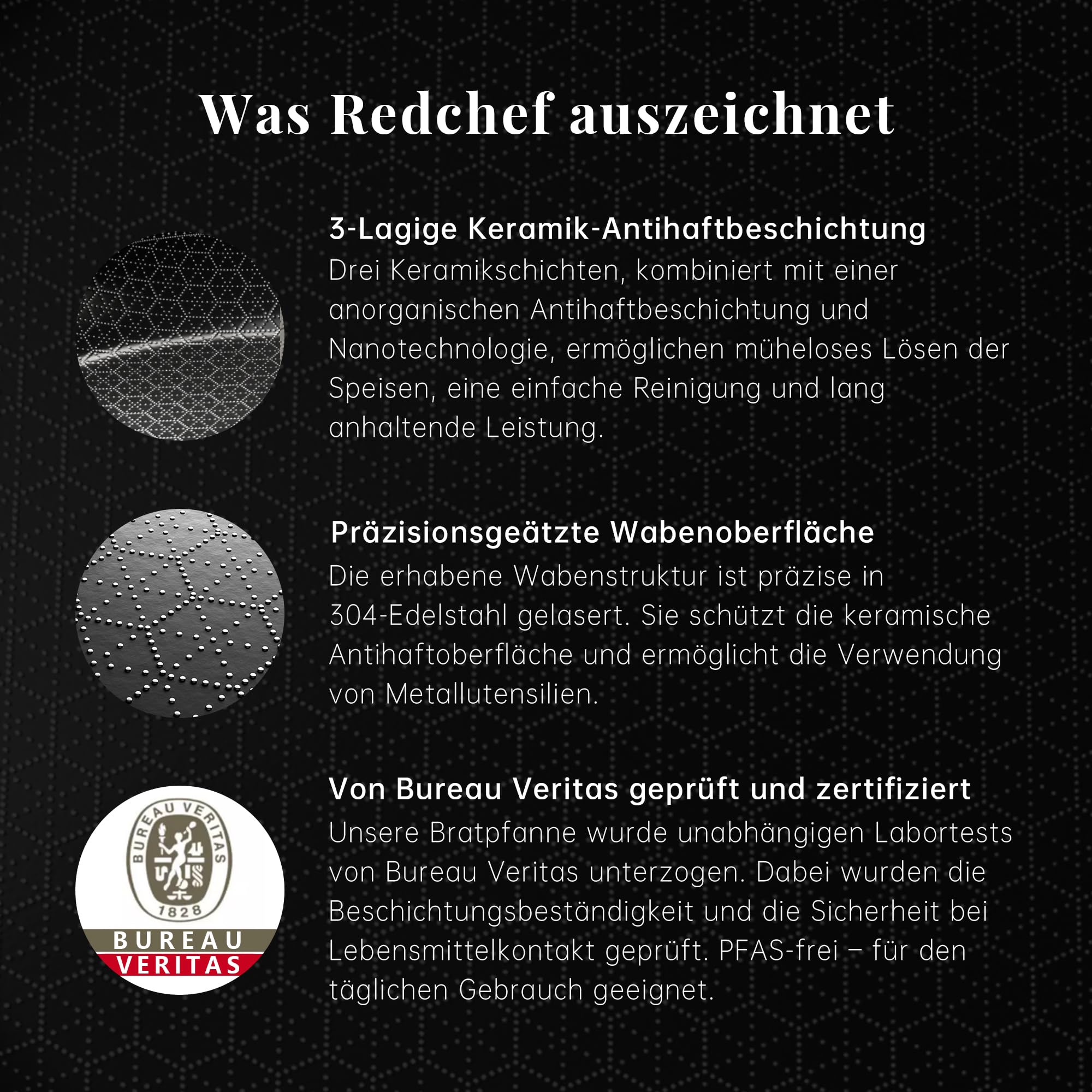 Redchef Hybrid Bratpfanne 26 cm – Edelstahl-Pfanne mit kratzfester Wabenstruktur und Keramik-Antihaftbeschichtung, PFAS- und PTFE-frei, induktionsgeeignet, backofen- und spülmaschinenfest