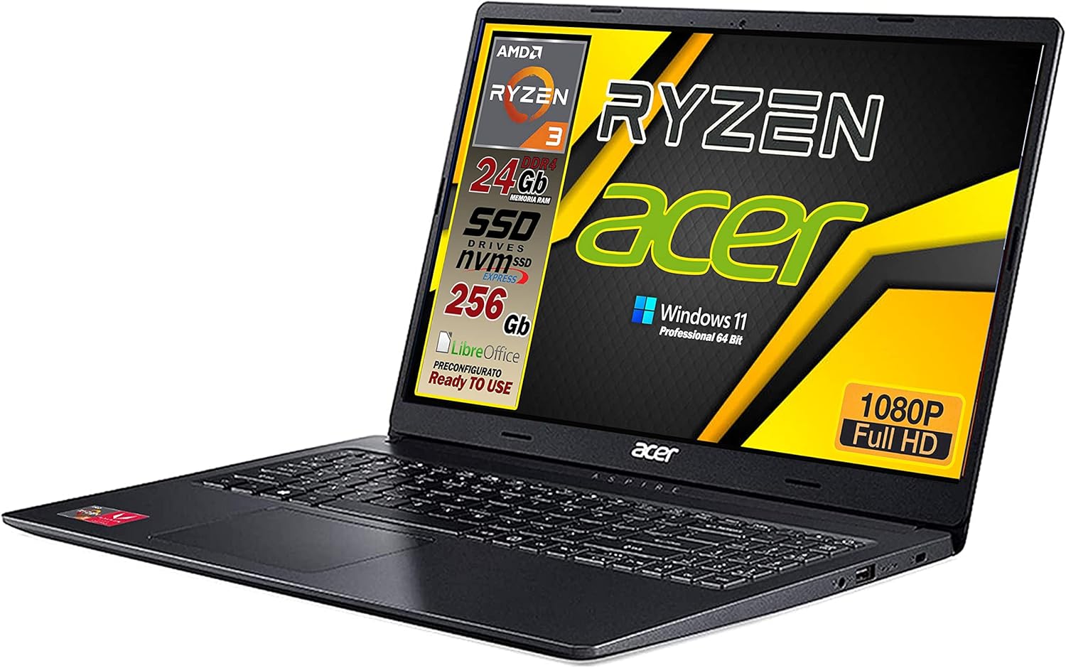 Acer Notebook AMD RYZEN 3 3250u, fino a 3,5 GHz, RAM 24Gb, SSD 256GB M2 pci, display 15.6 Full HD, 3 USB, Wi-Fi, hdmi, BT, lan, Win 11 pro, Libre Office, Pronto alluso, Garanzia e layout Italia