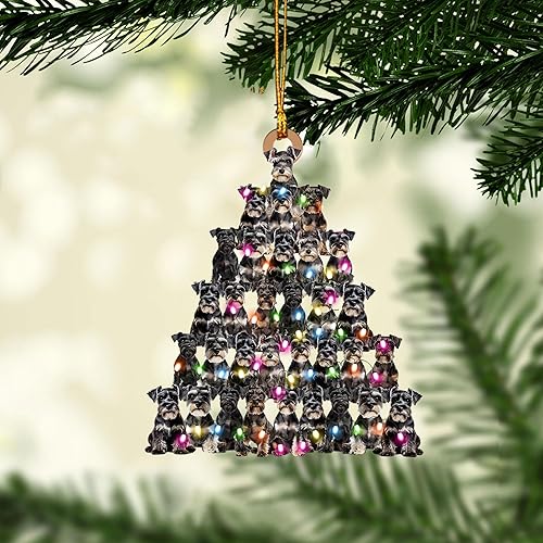 Talataca Adorno Navideño Plano 2D de Schnauzer Miniatura, Adorno de Árbol de Navidad en Forma de Pino con Luz de Cadena, Adorno de Árbol de Pino