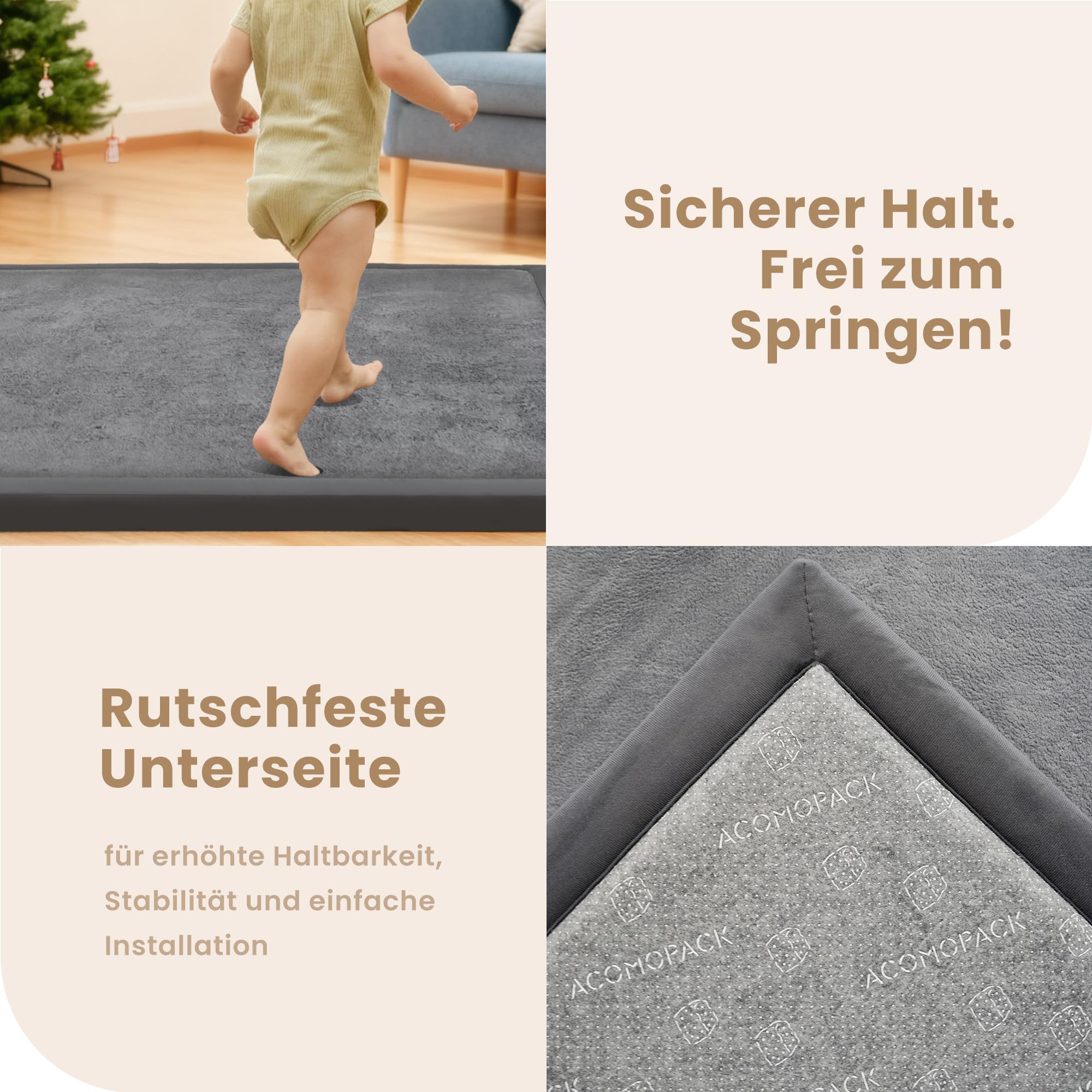 ACOMOPACK Baby Krabbelmatte 150x200x3.5cm Große Spielmatte mit Schaumfüllung Rutschfester Unterseite Weicher Teppich für Kinderzimmer und Laufgitter Dunkelgrau
