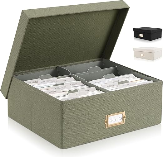 ZICOTO Decorative Photo Storage Box - Sturdy Linen Photo Organizer with Dividers is Perfect to Store Up to 1700 Pictures and 4x6 Photos - Portable Scrapbook Storage Containers with Lid