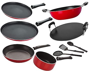 Nirlon Non-Stick Gas Compatible Highly Durable Cookware Combo Set -9 Pcs [2.6mm_FT13_FT12_KD13_SPB_RT_TP24_3SPN]