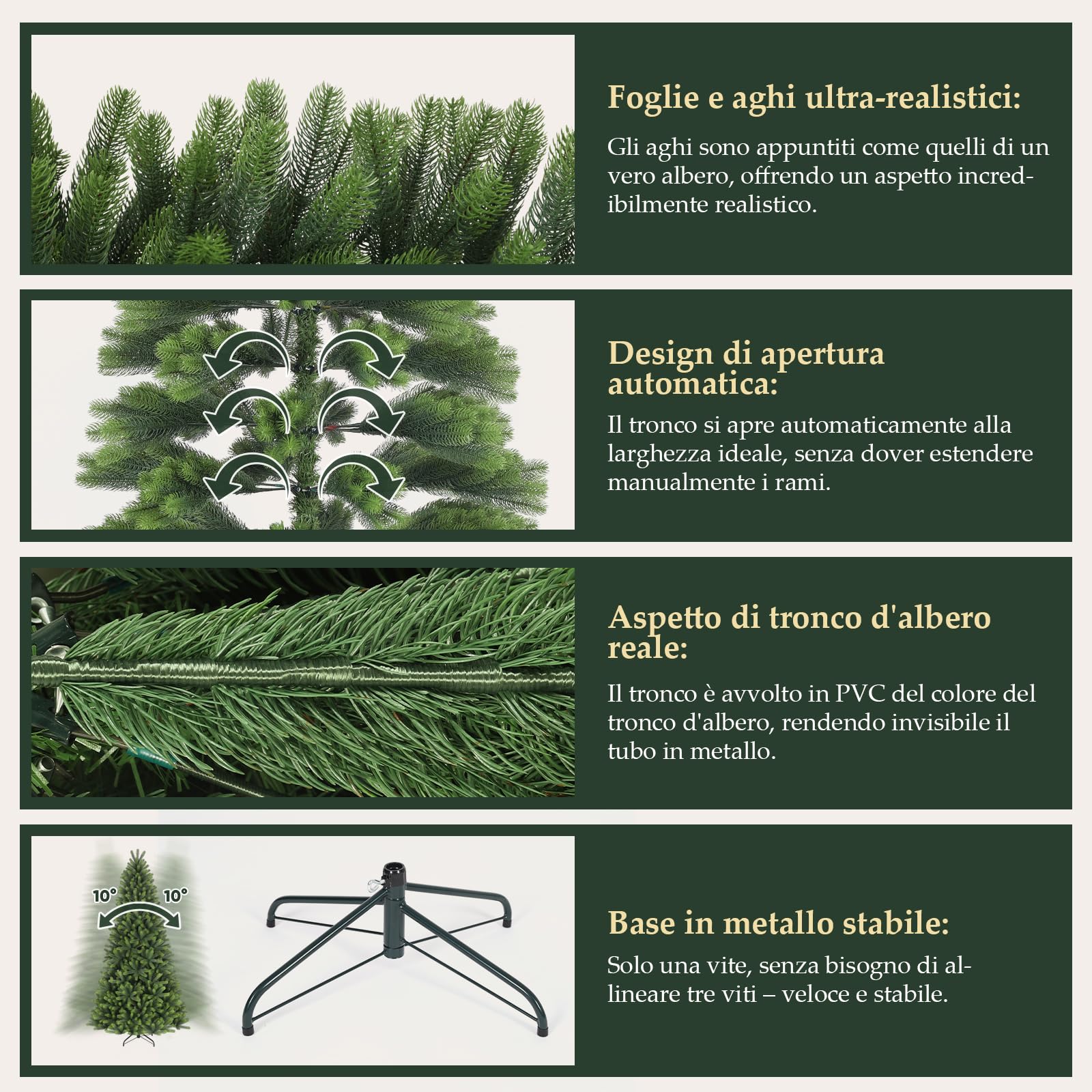 SALCAR Albero di Natale Artificiale 180 cm, Abete di Natale Folto con Guanti e 100% PE Punte per Rami, Supporto in Metallo, Montaggio Rapido, Ignifugo