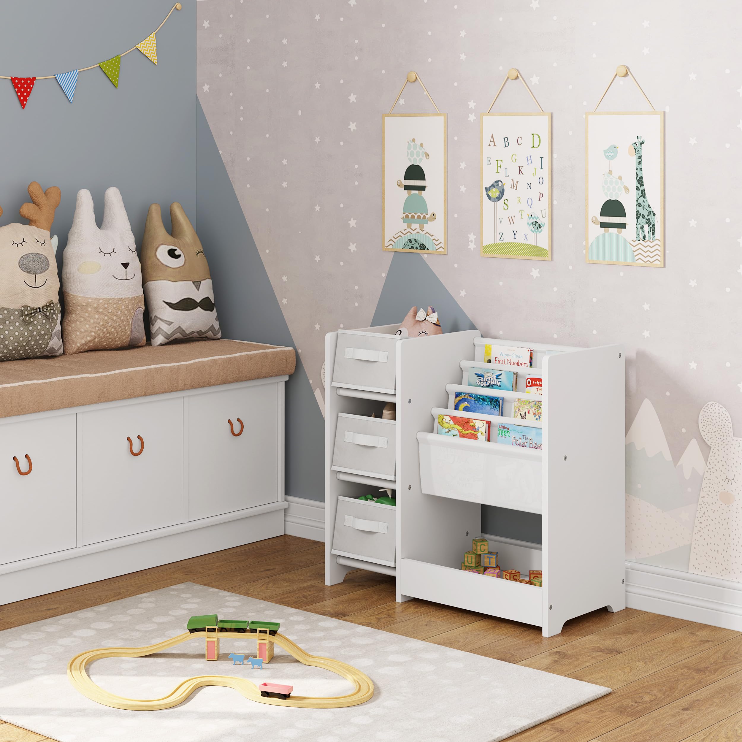 Lestarain Étagère de Rangement pour Jouets et Livres, Bibliothèque pour Enfants avec 3 Boîtes Amovibles en Tissu Non-Tissé, Meuble Montessiri en Bois MDF, 4 Casiers Suspendus, 1 Compartiment, Blanc