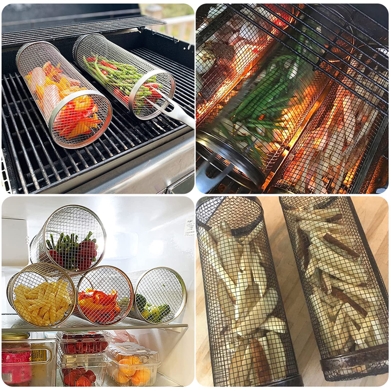 Kosz do grillowania na kółkach, ze stali nierdzewnej, okrągły kosz do grillowania, rura siatkowa, na kemping, piknik, wielofunkcyjne akcesoria do grillowania, S, 3 szt