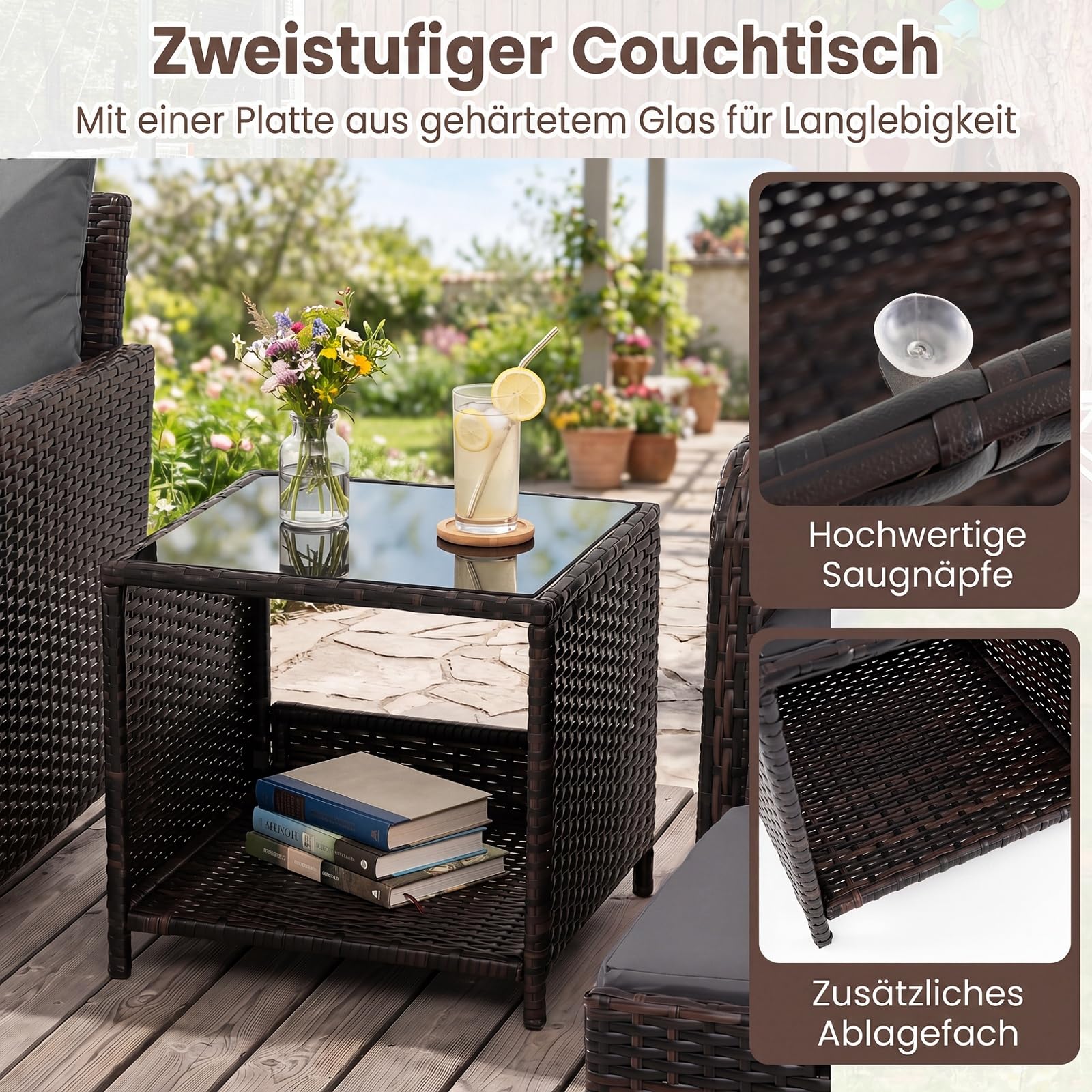 COSTWAY 5-teiliges Balkonmöbel Set, Gartenmöbel aus PE-Polyrattan (Grau)