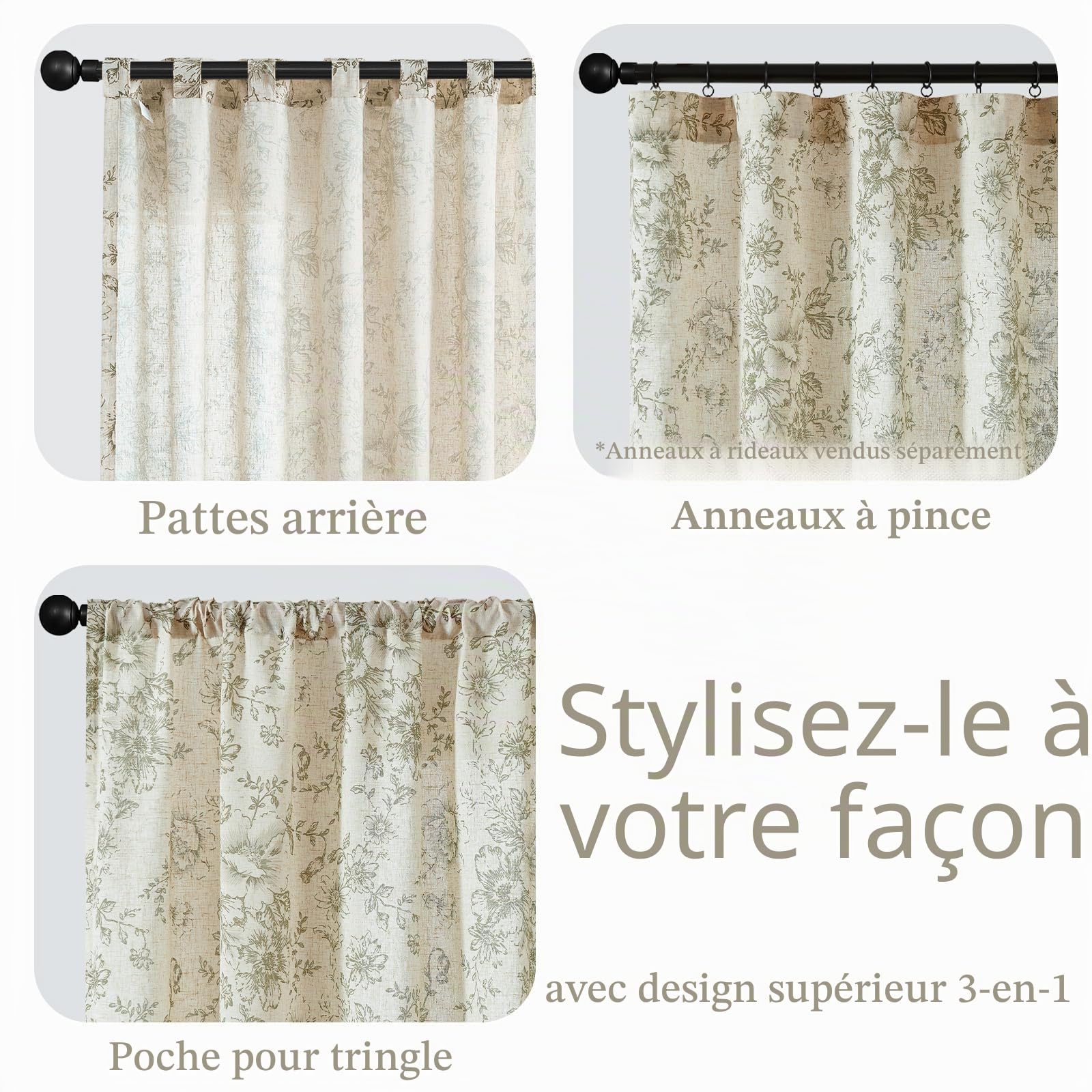 Topick Lot de 2 panneaux de rideaux en lin mélangé à motif floral pour salon, 243,8 cm de long, vert sauge, avec passe-tringle et languette arrière, motif pivoine, décoration de fenêtre de chambre à