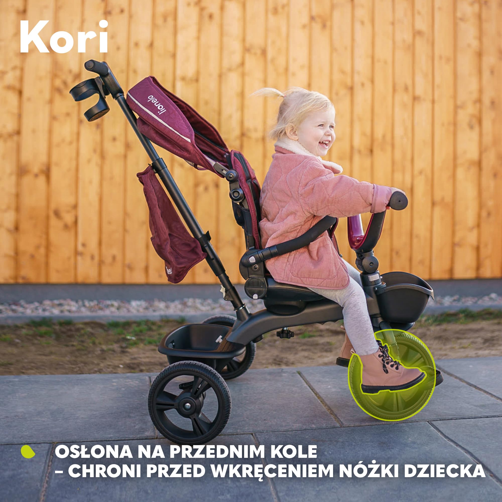 LIONELO Kori Rower trójkołowy 2 w 1, kontrola toru jazdy, obracane siedzisko, składany daszek, wytrzymała i lekka konstrukcja, uchwyt na kubek, praktyczna torba