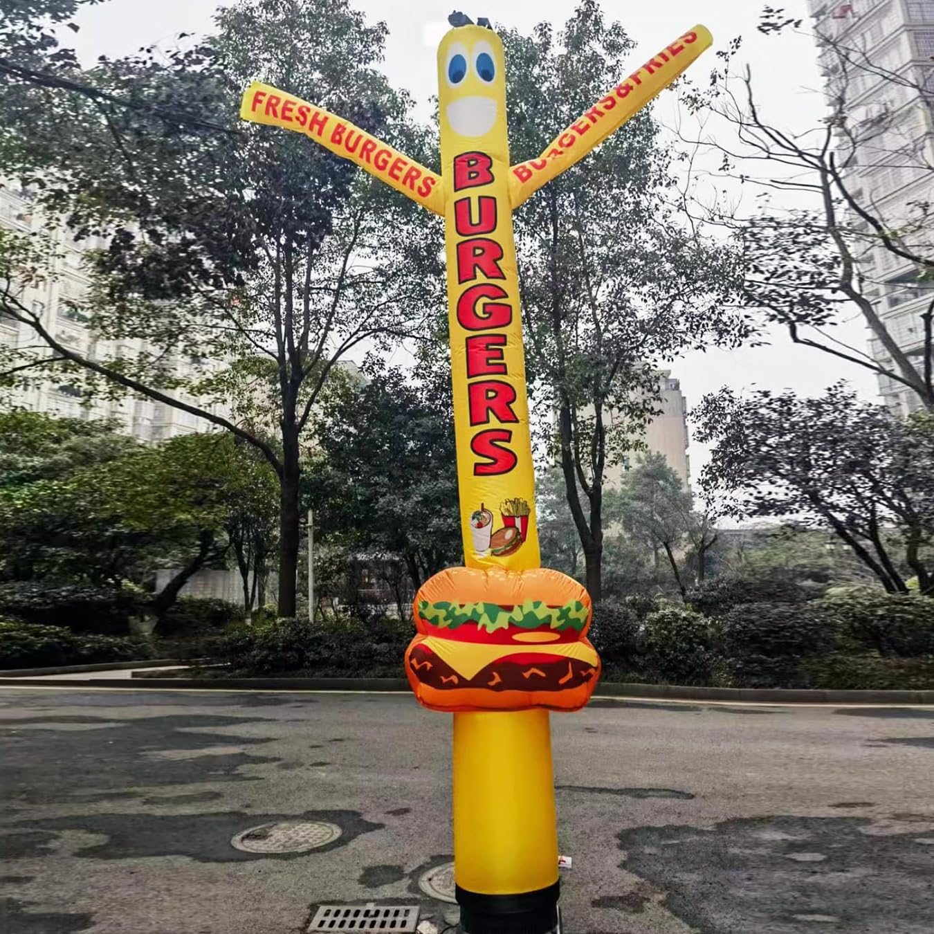 18ft Advertising Fresh Burgers Air Inflatable Dancer with Delicious Fries, Coldrink & Burger Image Wacky Waving Tubeman Puppet for Fast Food Business Growth & Marketing (Without Blower)