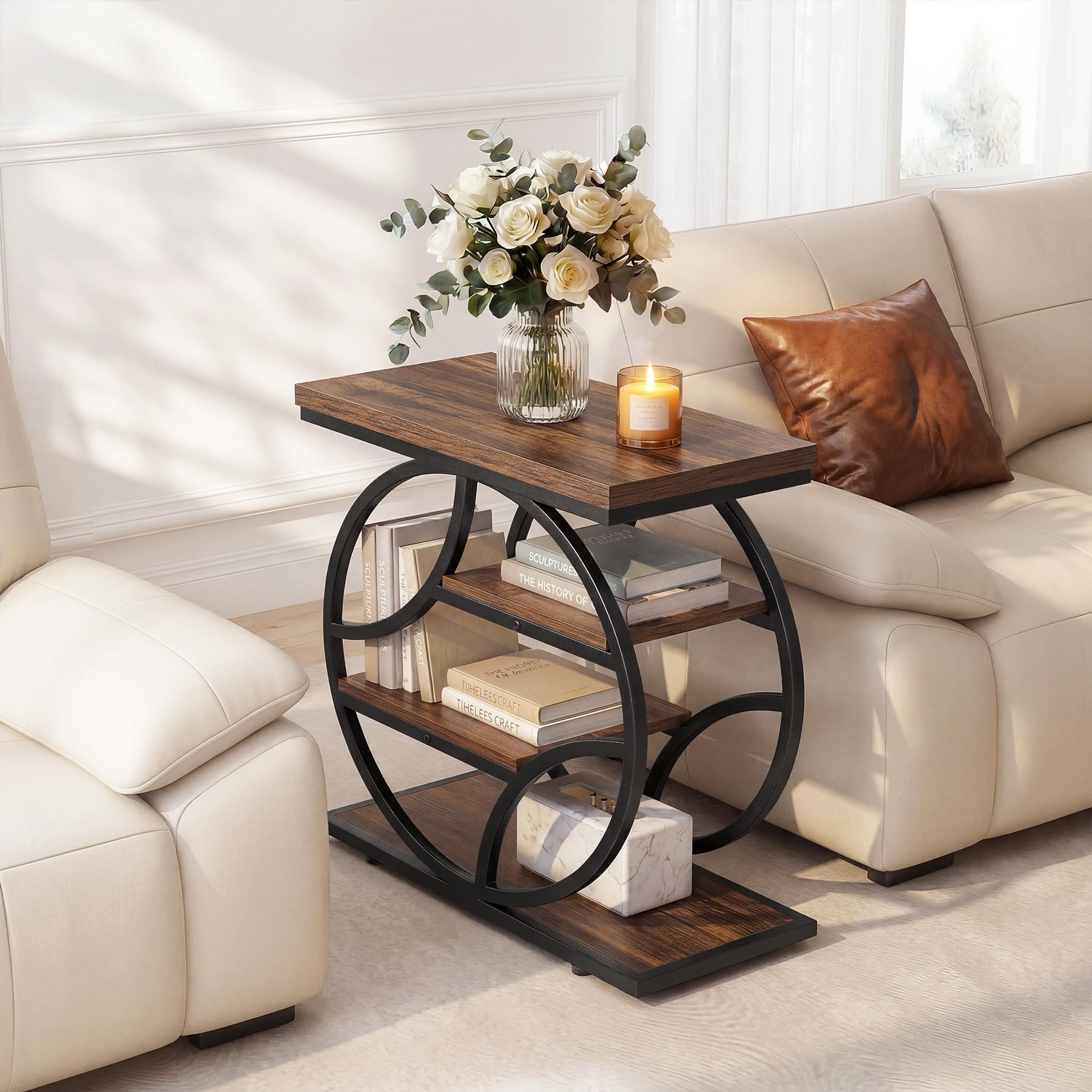 Tribesigns Side Table with 4-Tier Storage Shelf, 25-Inch Living Room Narrow End Table, Small Industrial Nightstand with Geometric Metal Frame, Accent Furniture for Bedroom Small Space, Brown