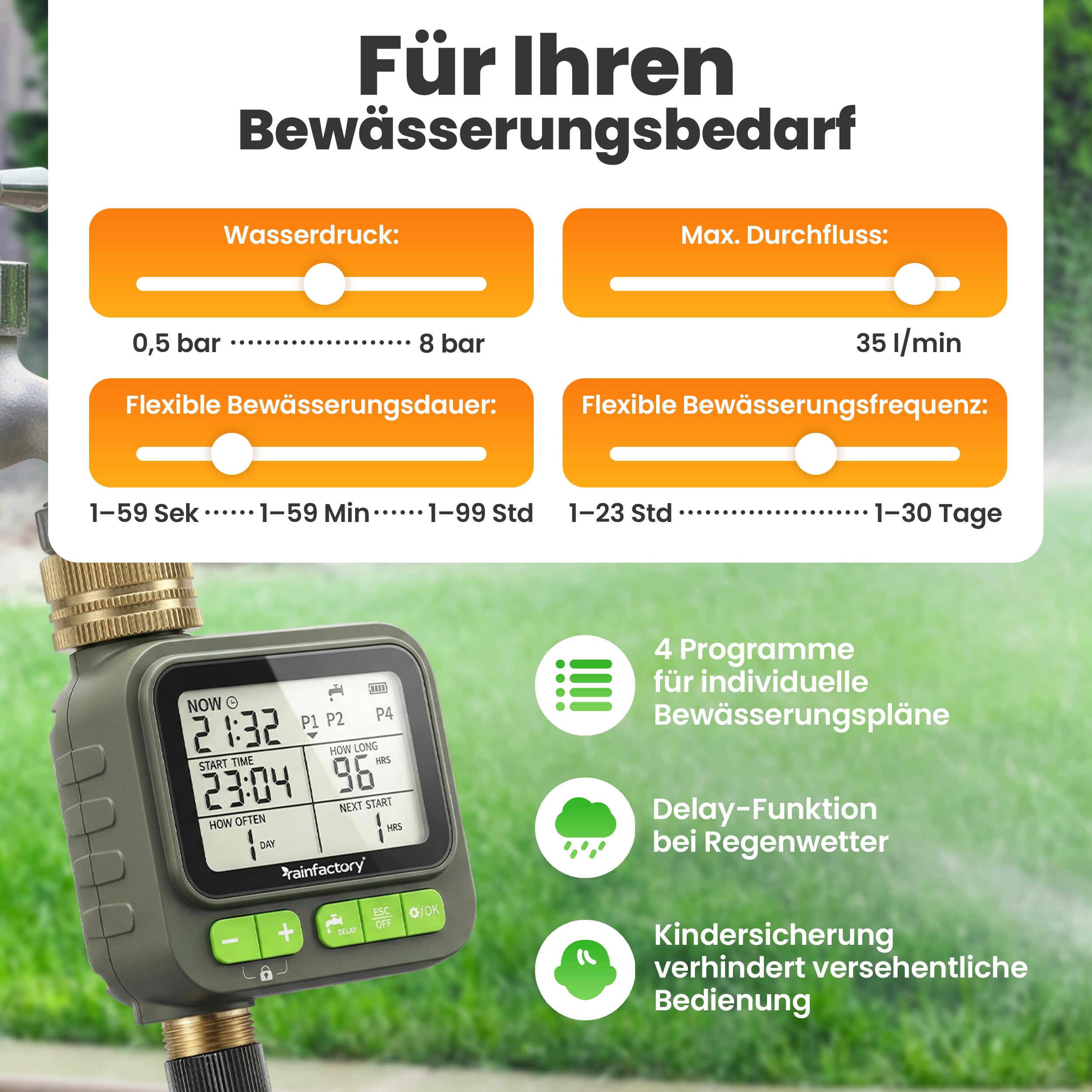rainfactory Bewässerungscomputer mit Fernbedienung - automatische Bewässerungssteuerung für Garten - Bewässerungsuhr mit 4 Programmen, Delay - Wasser Zeitschaltuhr IP65, 3/4 Zoll für Rasen Beet & Topf